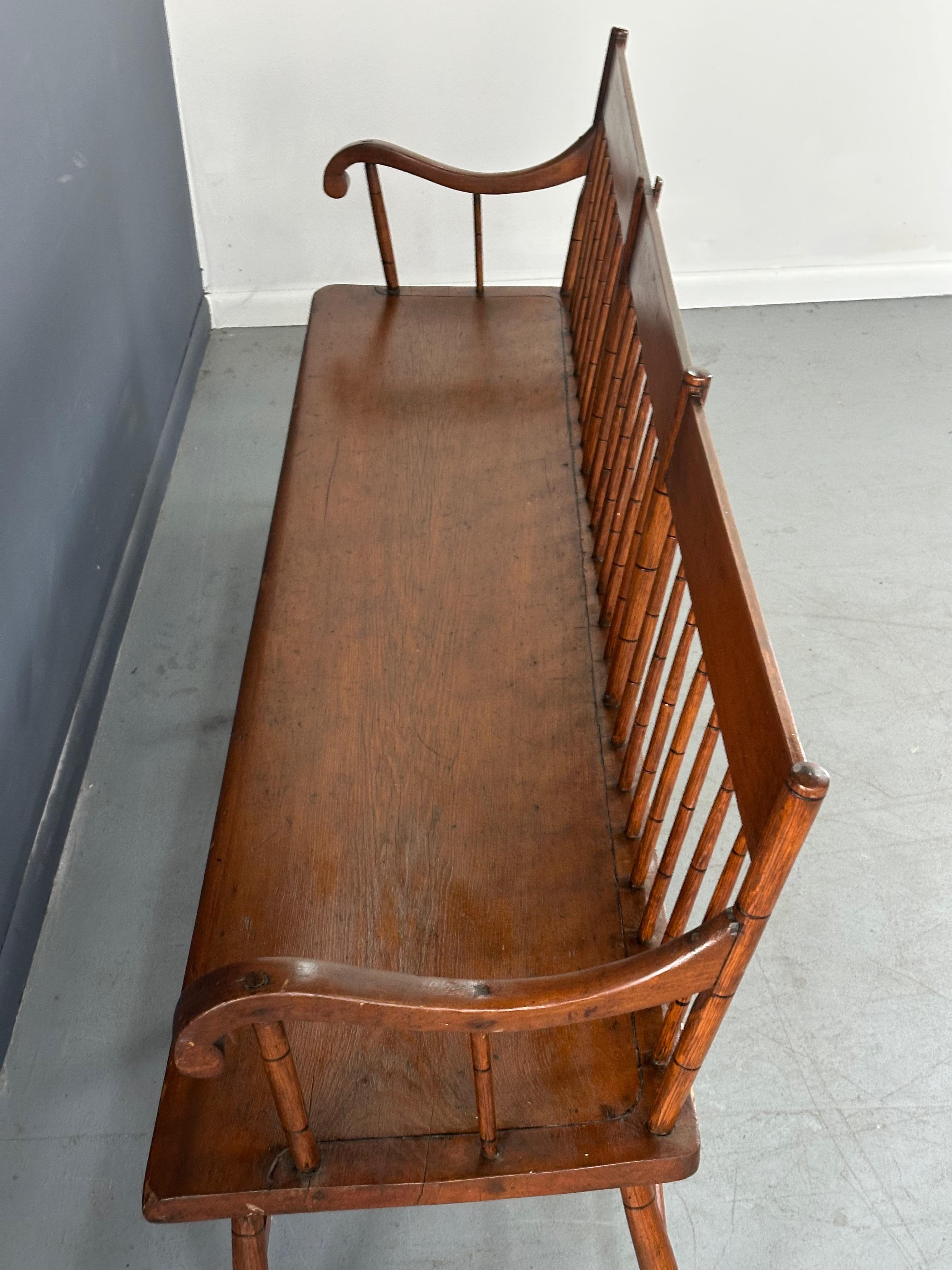 Antique Pine Rustic Spindle Back Long Deacon's Bench 4