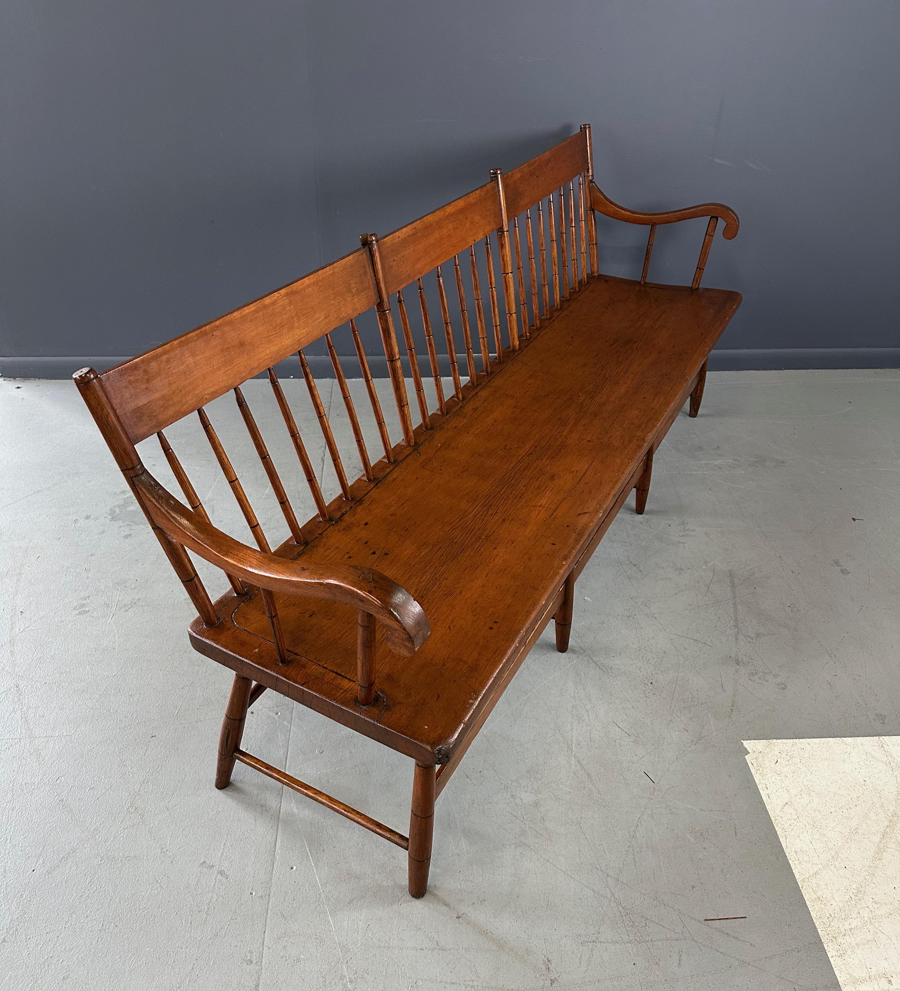 American Classical Antique Pine Rustic Spindle Back Long Deacon's Bench
