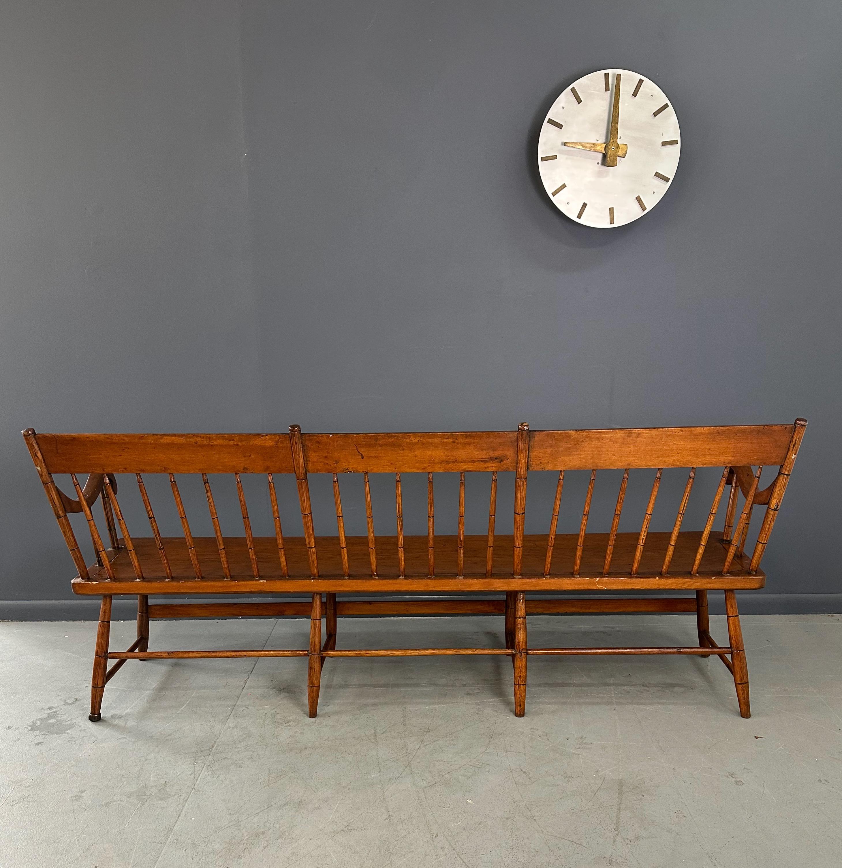 Antique Pine Rustic Spindle Back Long Deacon's Bench 1