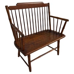 Antique Pine Spindle Back Windsor Style Bench with Arms