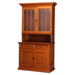 Antique Pine Step Back Country Cupboard with Frosted Glass Doors, Circa 1900