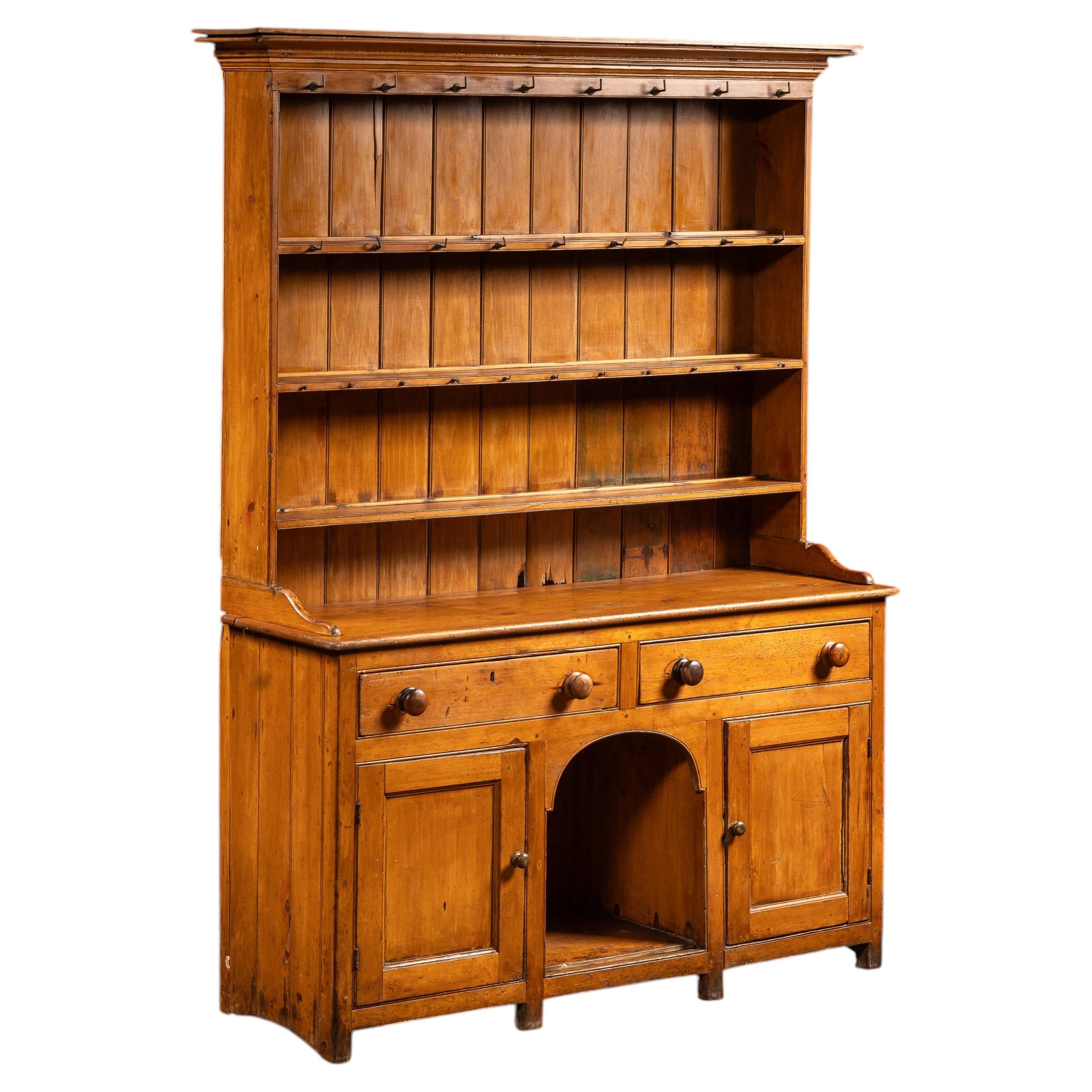 Antique Pine Step-Back Cupboard with Plate Rack