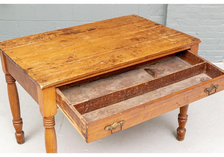 Antique Pine Table or Desk with Turned Legs and Single Drawer For Sale