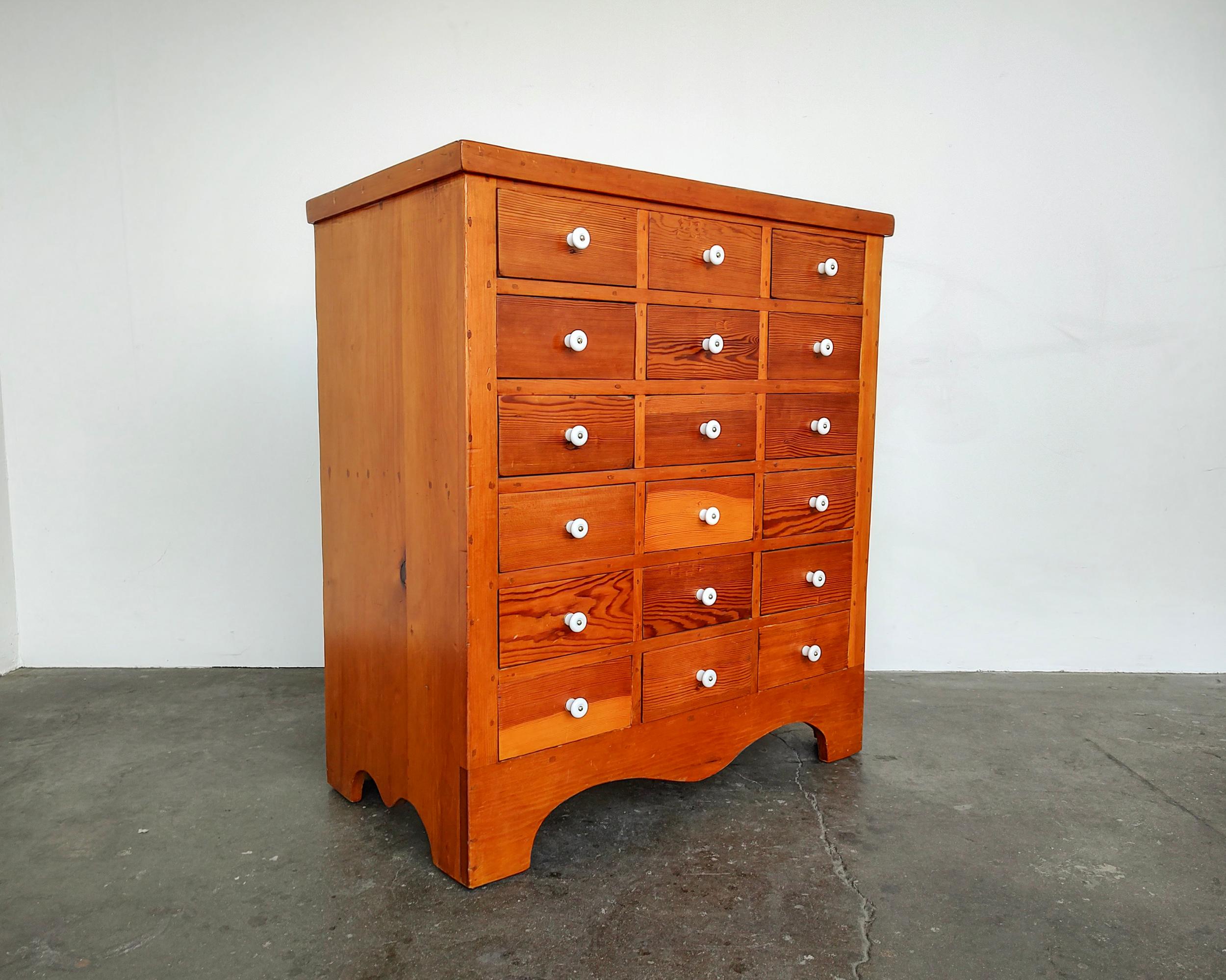 Rustic Antique Pine Wood Apothecary Chest of Drawers 1940s For Sale