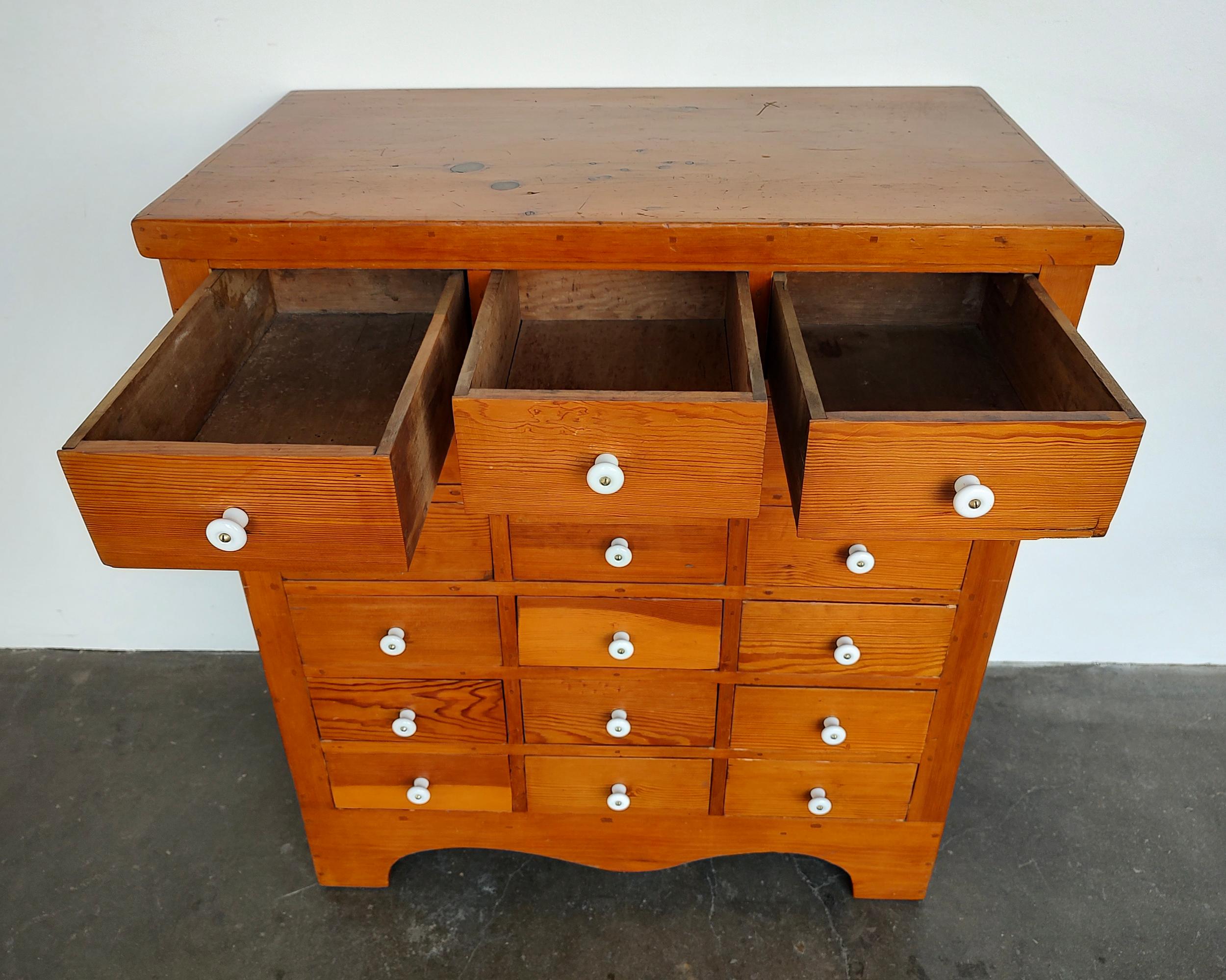 Antique Pine Wood Apothecary Chest of Drawers 1940s In Good Condition For Sale In Hawthorne, CA