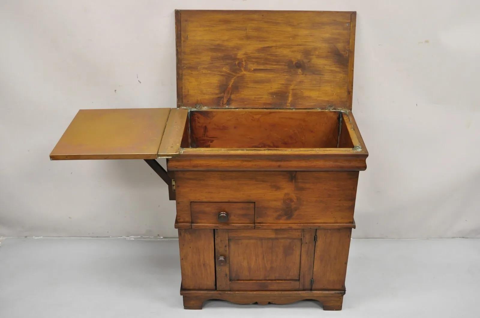 Antique Pine Wood Lift Top Copper Lined Dry Sink with Copper Drop Side Surface In Good Condition In Philadelphia, PA