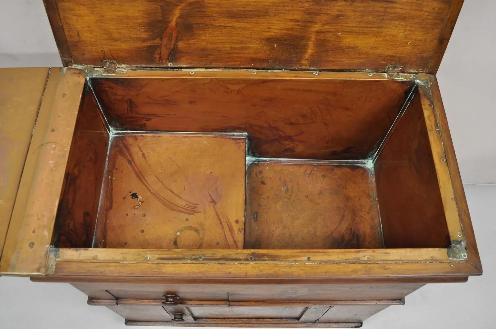Antique Pine Wood Lift Top Copper Lined Dry Sink with Copper Drop Side Surface 1