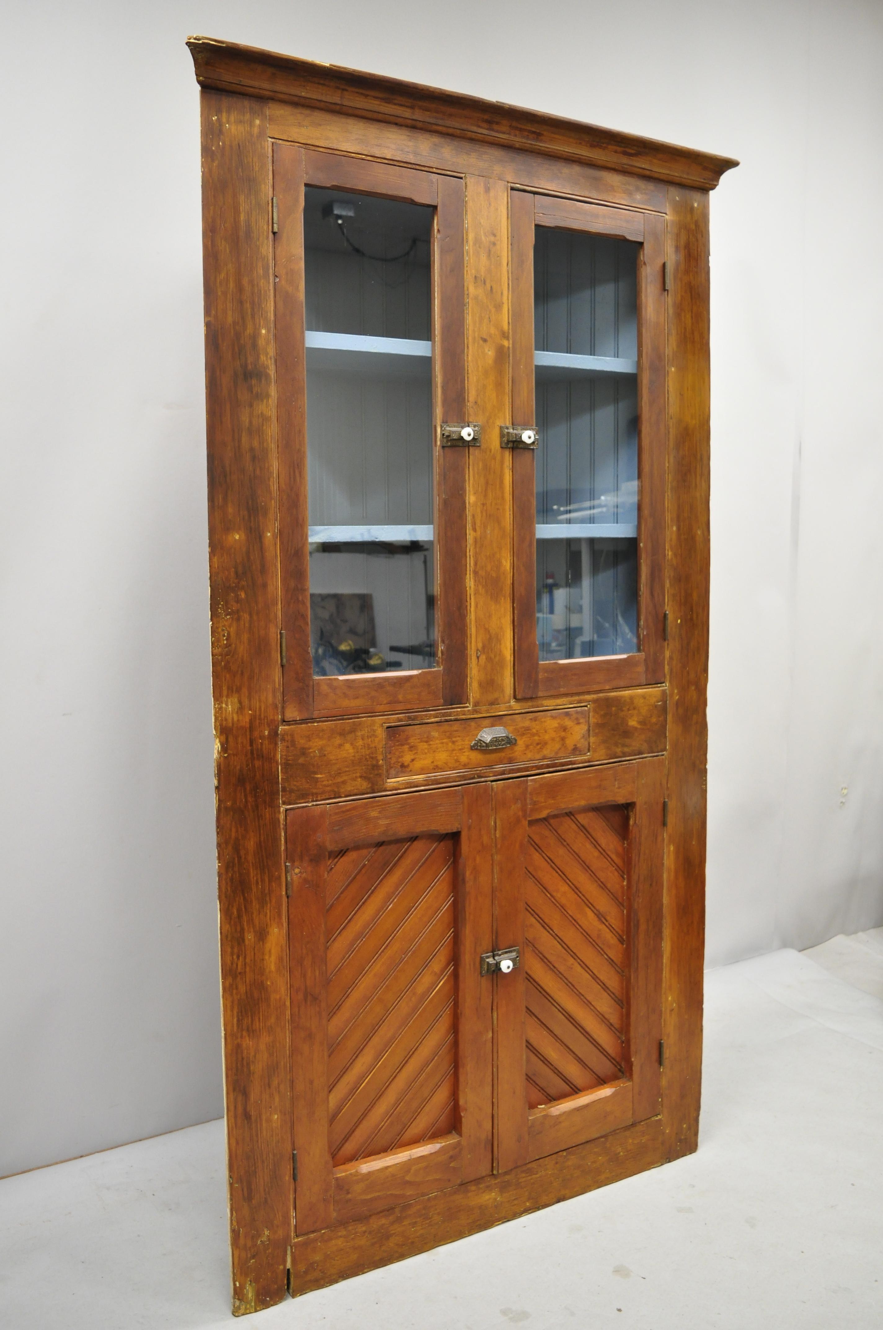 Antique Pine Wood Primitive Corner China Cabinet Cupboard Blue Painted Interior For Sale 3