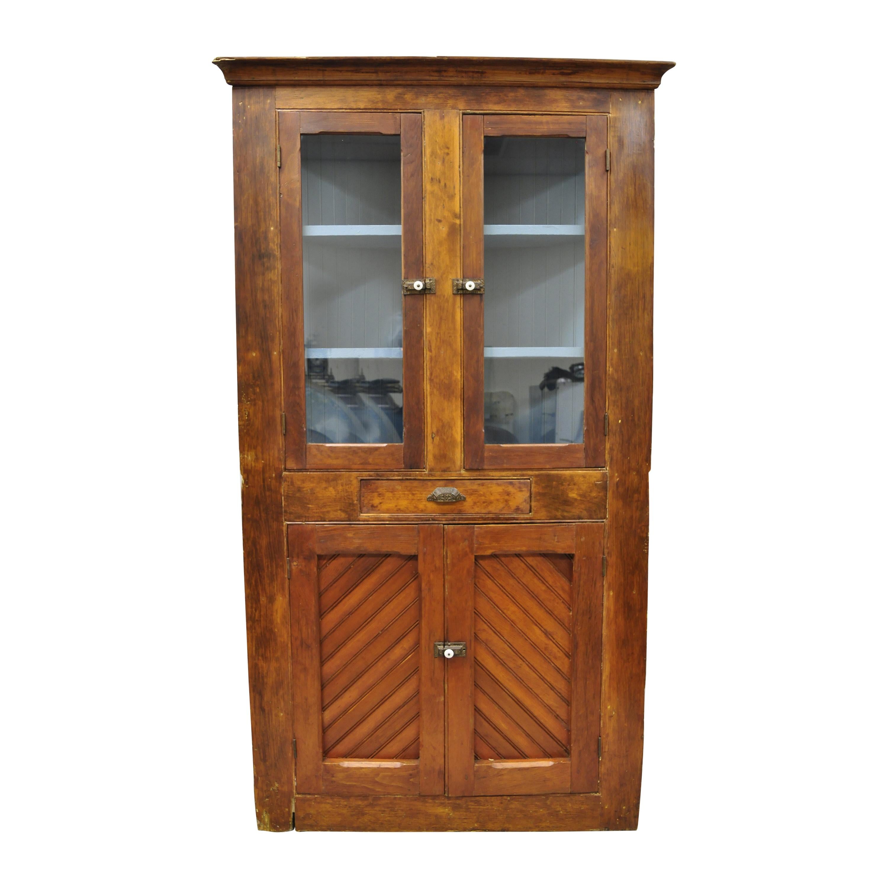 Antike Kiefer Holz Primitive Ecke China Cabinet Schrank blau lackiert Innenraum