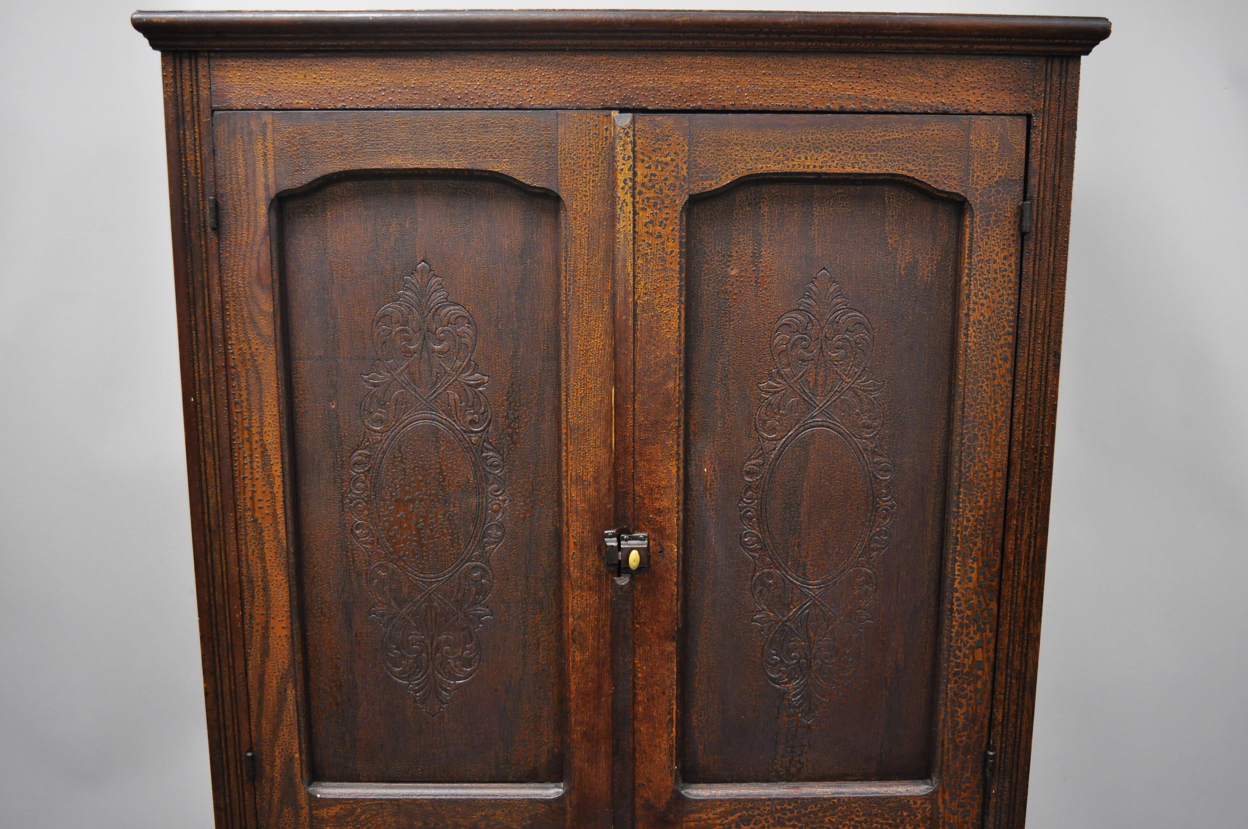 Antique pine wood Victorian cupboard cabinet hutch with alligatored finish. Carved door fronts, 
