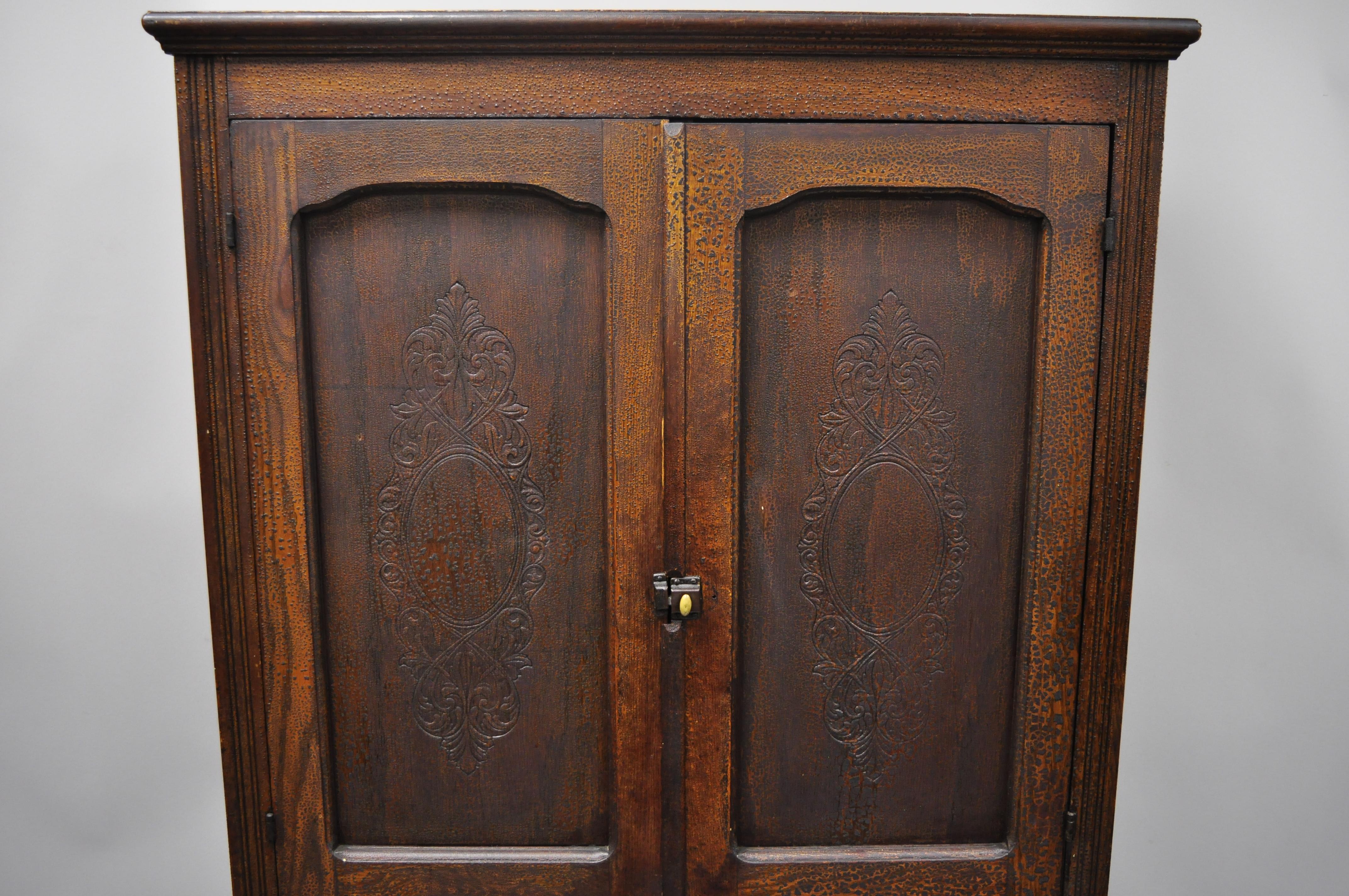 Antique pine wood Victorian cupboard cabinet hutch with alligatored finish. Carved door fronts, 
