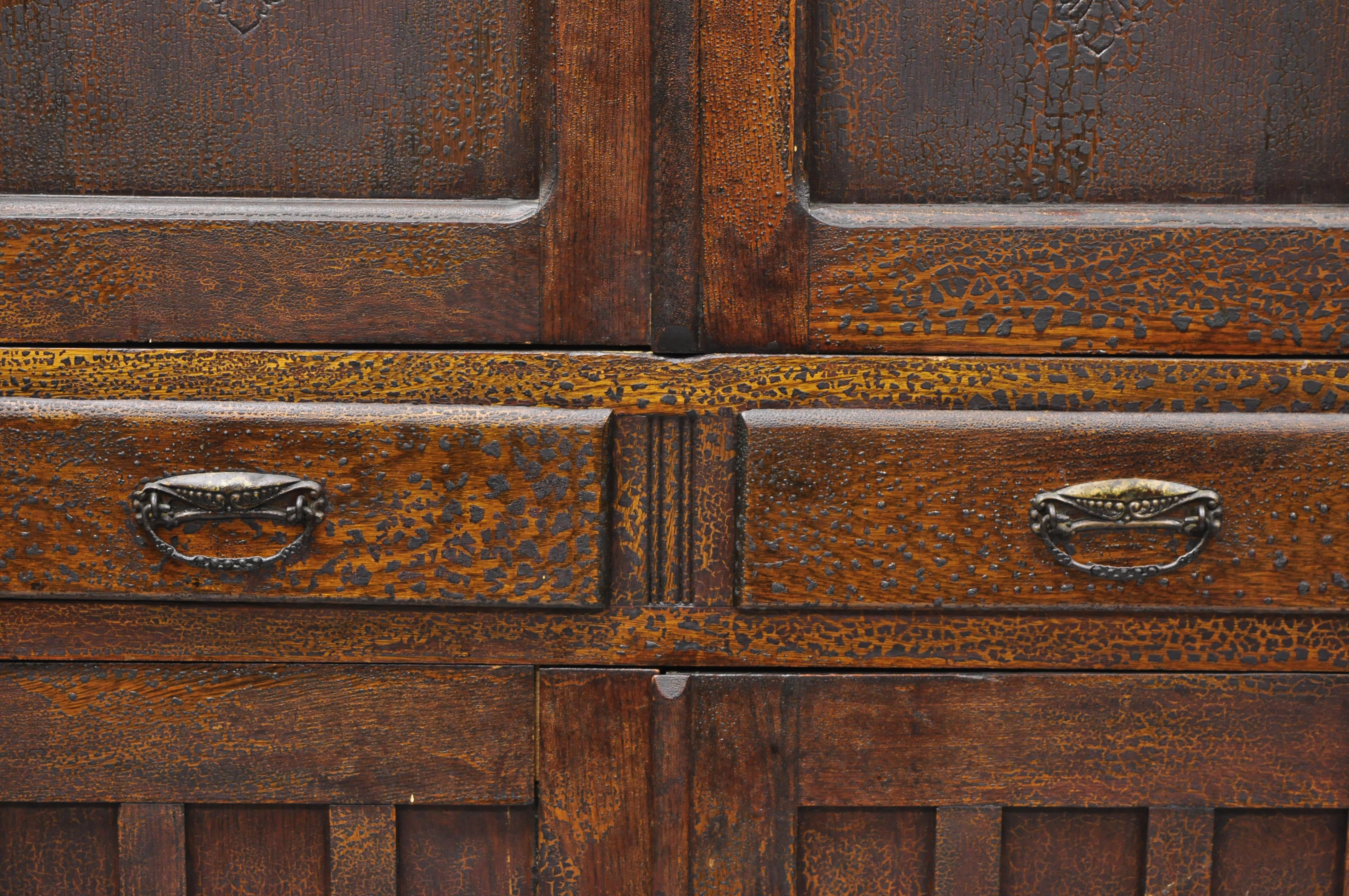 American Antique Pine Wood Victorian Cupboard Cabinet Hutch with Alligatored Finish