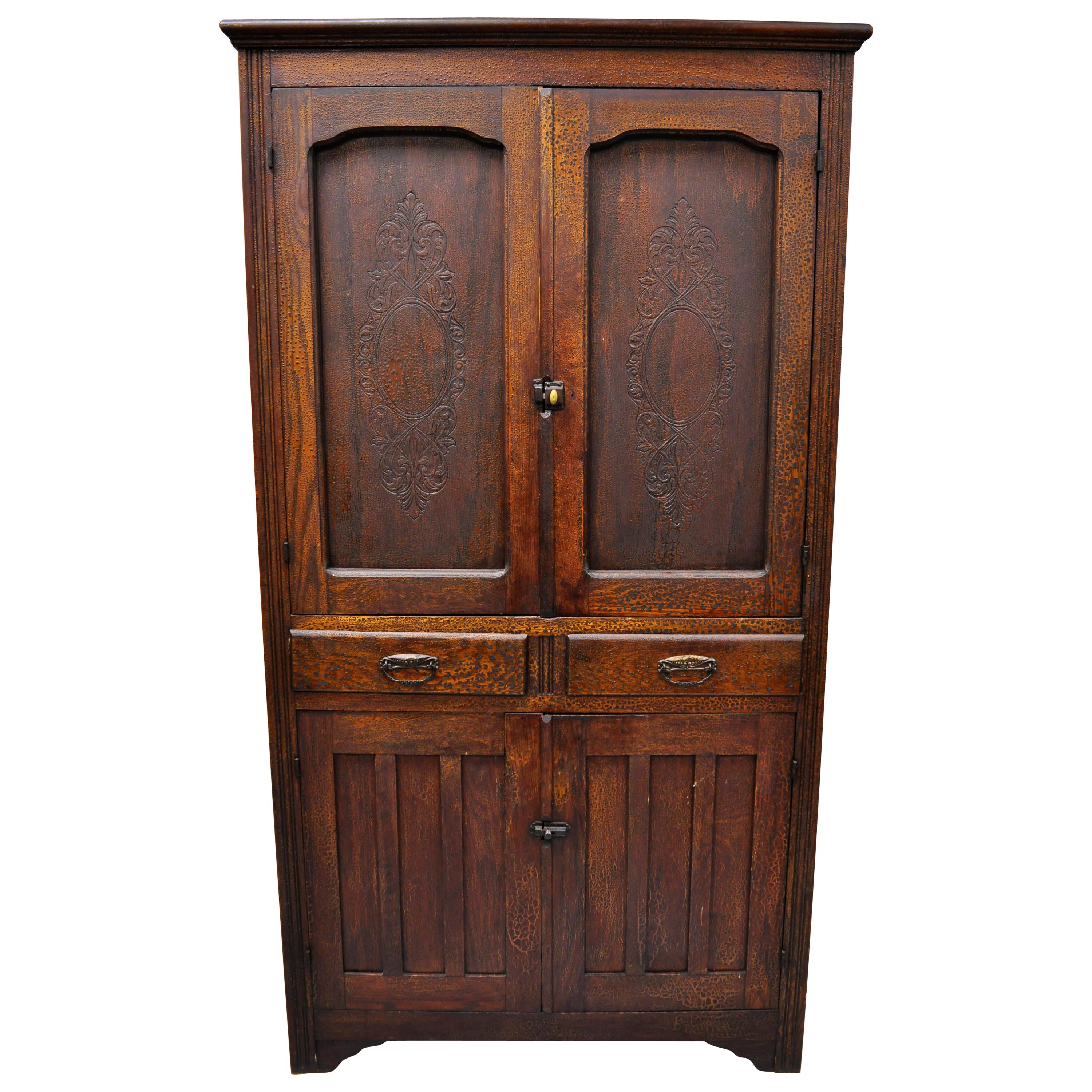 Antique Pine Wood Victorian Cupboard Cabinet Hutch with Alligatored Finish