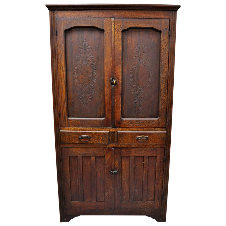 Antique Pine Wood Victorian Cupboard Hutch with Alligatored