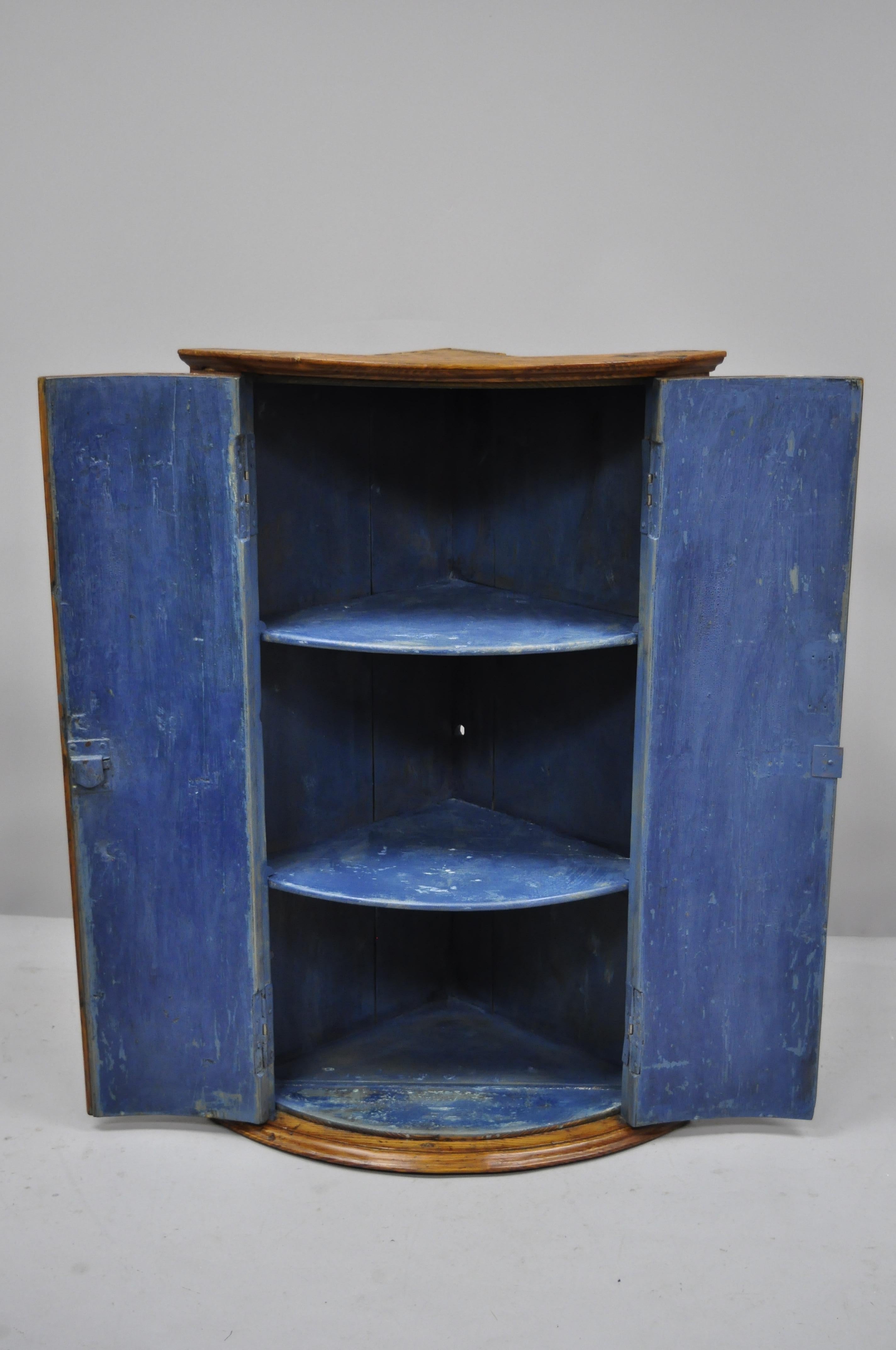 Primitive Antique Pinewood Wall Hanging Corner Cabinet Cupboard with Blue Painted Interior