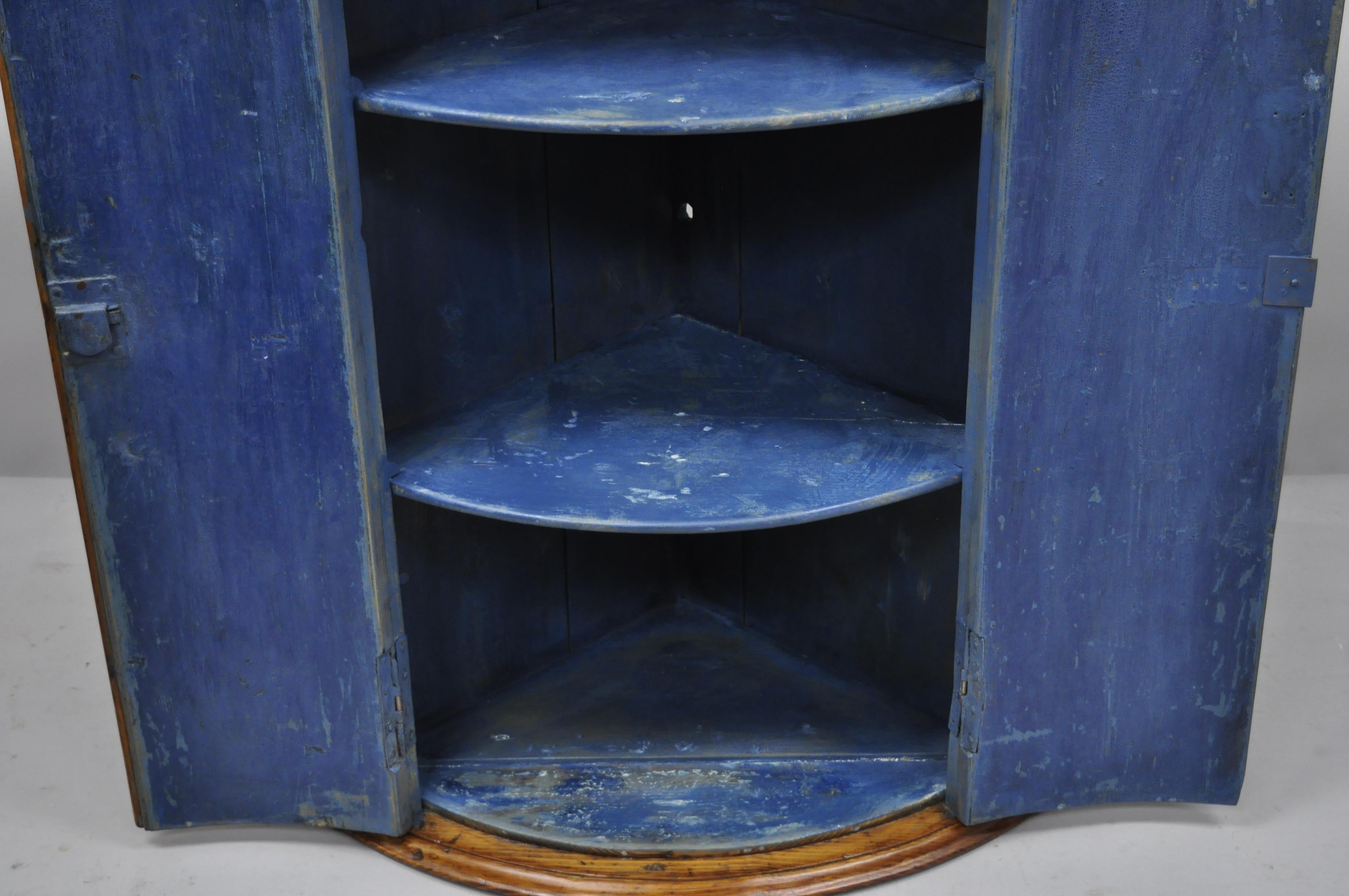 American Antique Pinewood Wall Hanging Corner Cabinet Cupboard with Blue Painted Interior