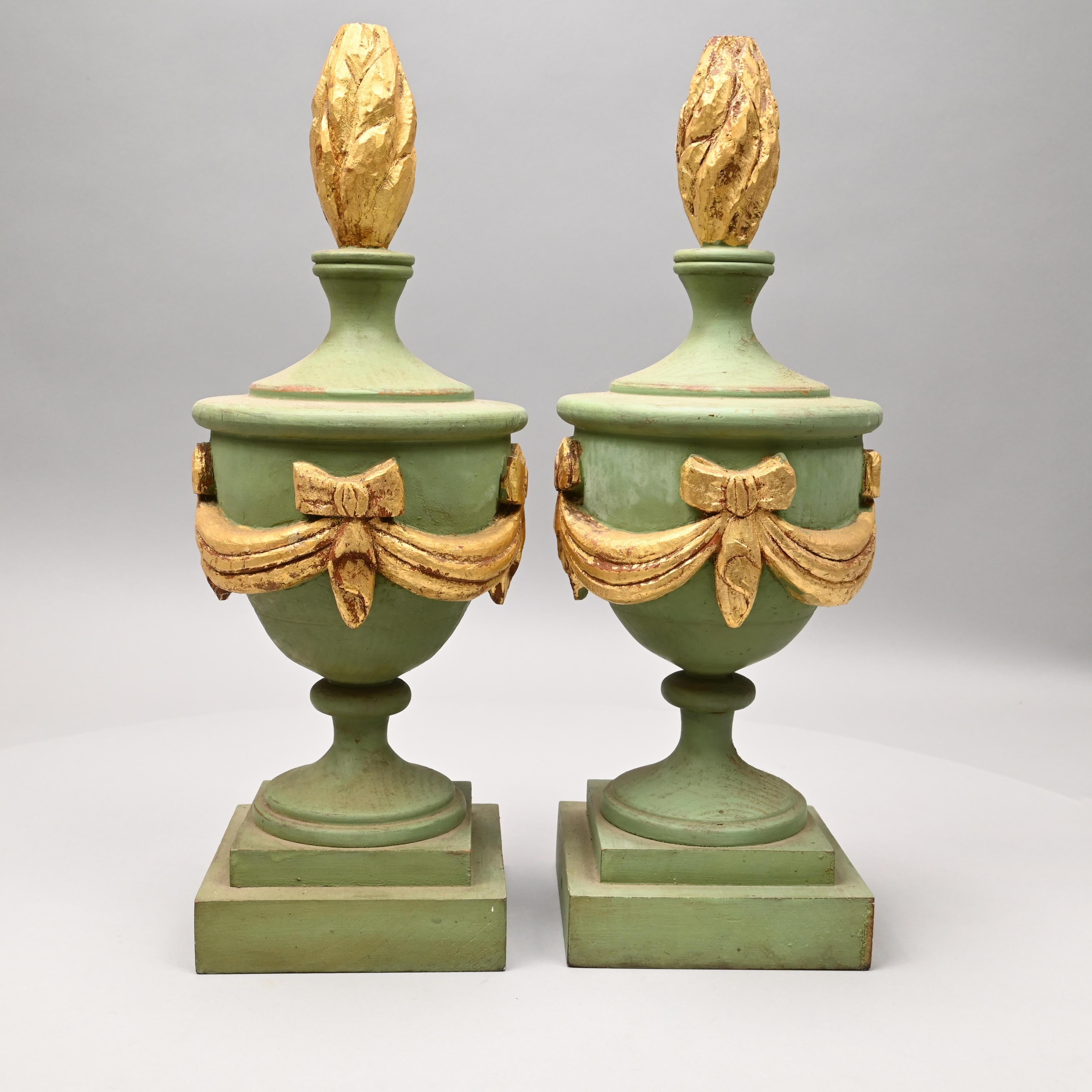 Neoclassical Revival Decorative Pair of Wooden Light Green and Gold Painted Architectural Finials For Sale