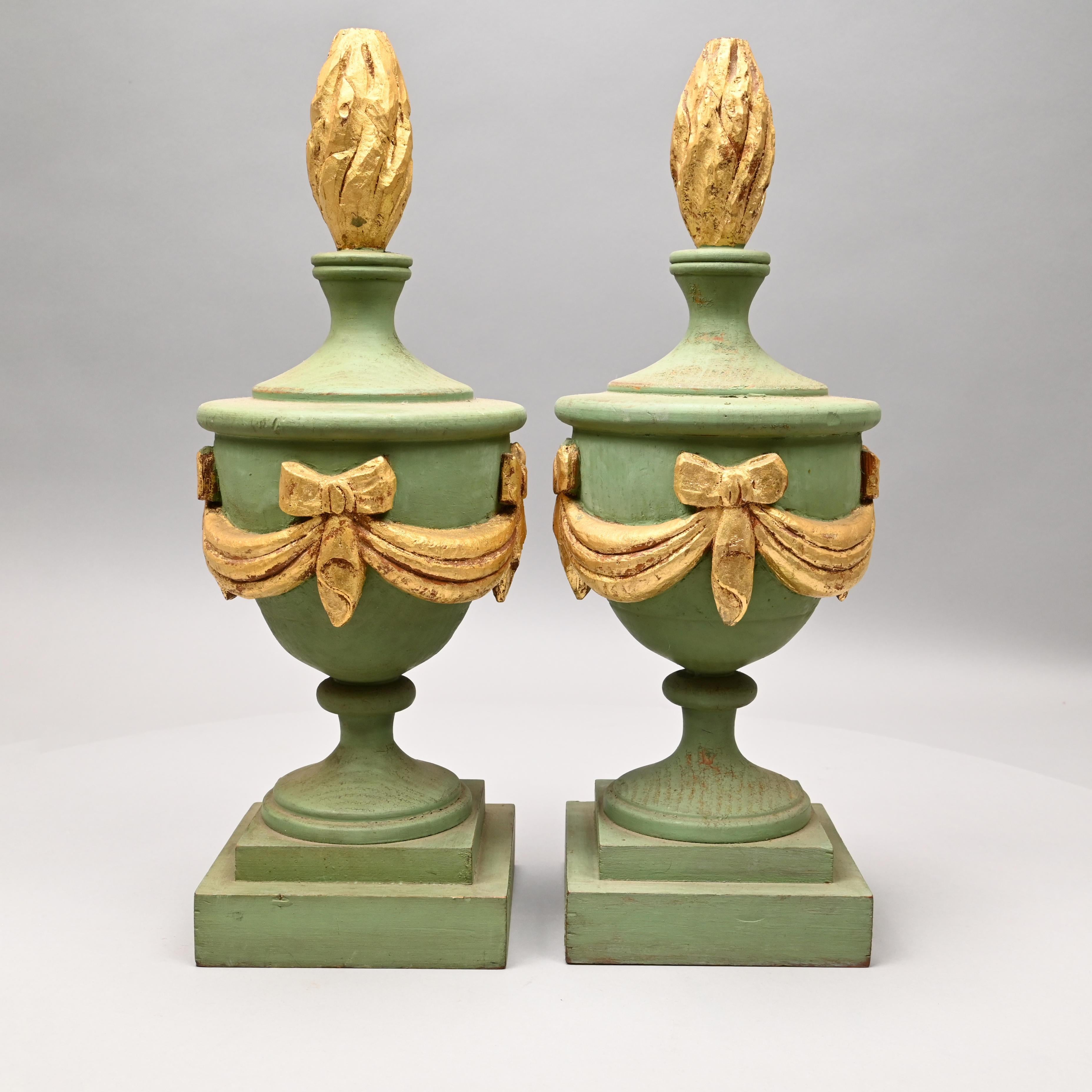 American Decorative Pair of Wooden Light Green and Gold Painted Architectural Finials For Sale