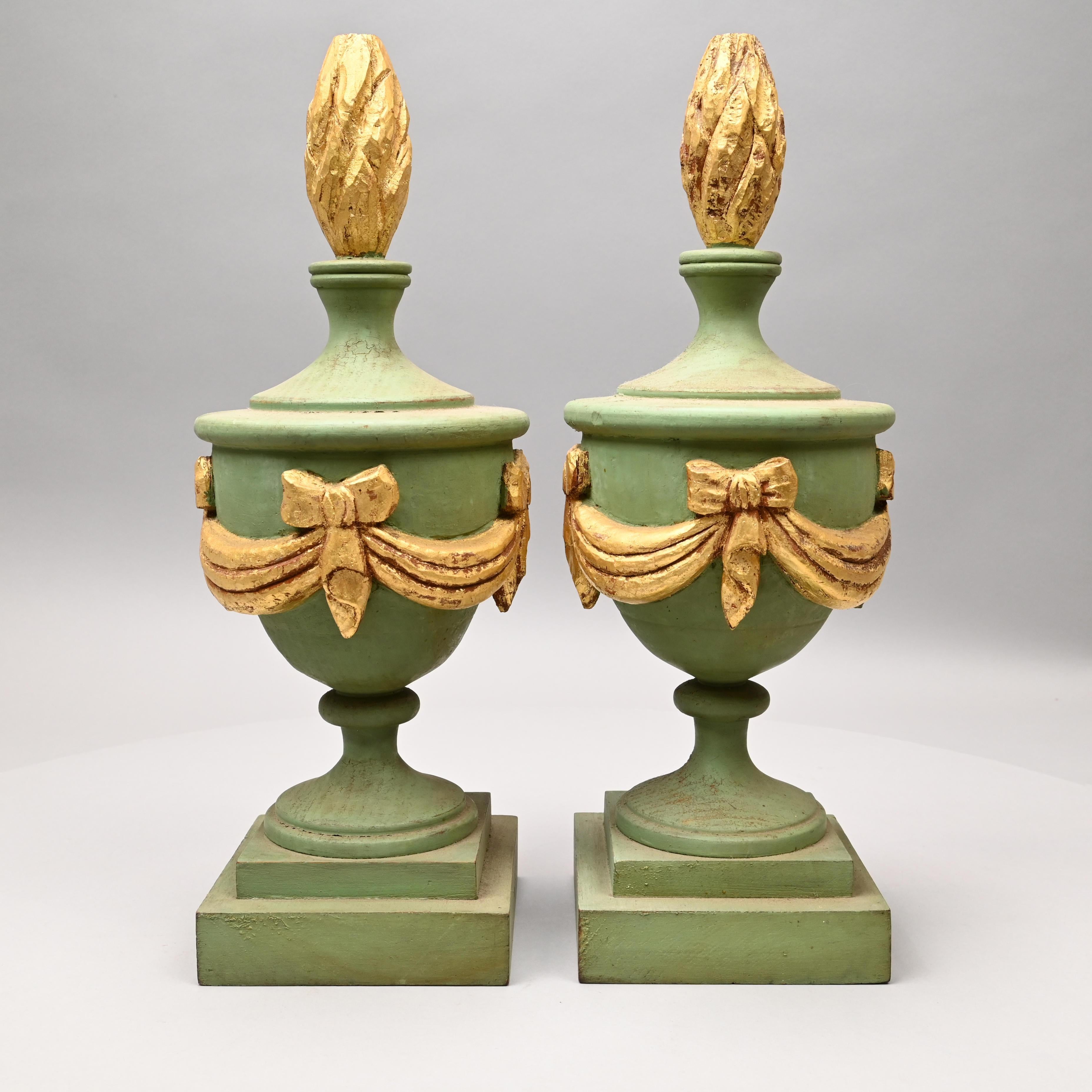 Carved Decorative Pair of Wooden Light Green and Gold Painted Architectural Finials For Sale