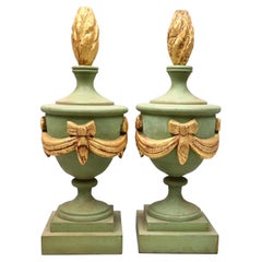 Decorative Pair of Wooden Light Green and Gold Painted Architectural Finials