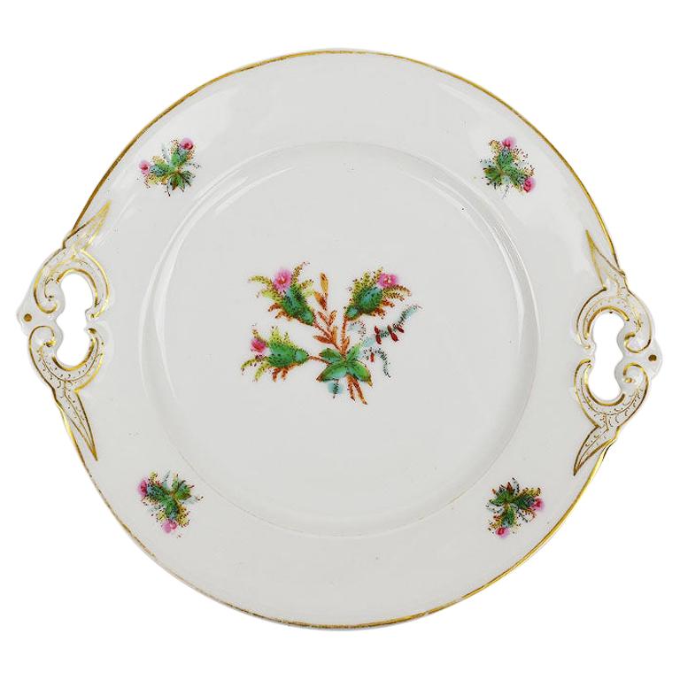 Assiette à gâteaux chinoiseries ancienne à motif de fleurs roses et vertes avec poignées jumelles