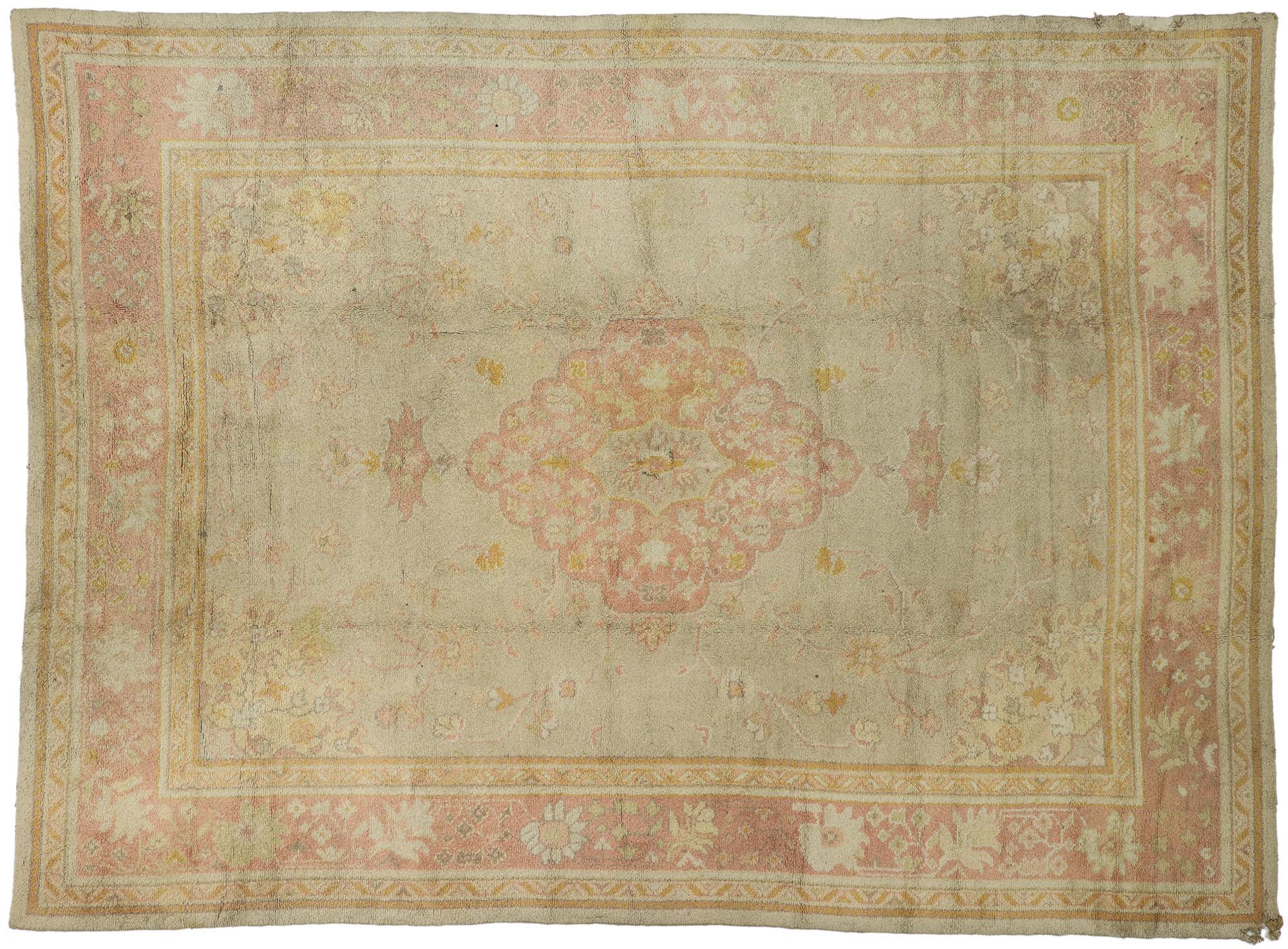 Antique Pink and Light Green European Oushak Rug For Sale 3