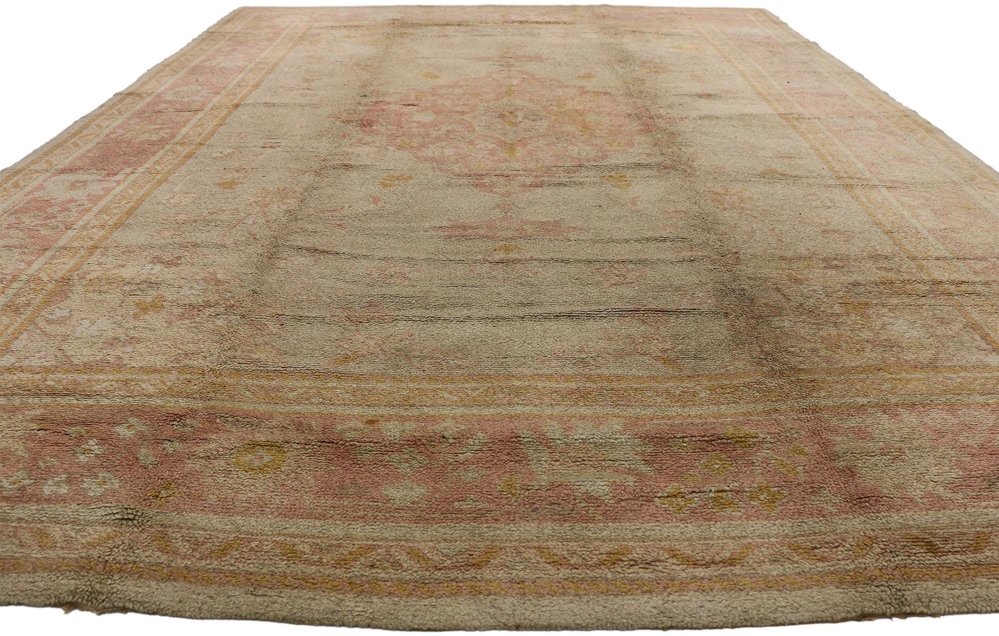 Pakistani Antique Pink and Light Green European Oushak Rug For Sale