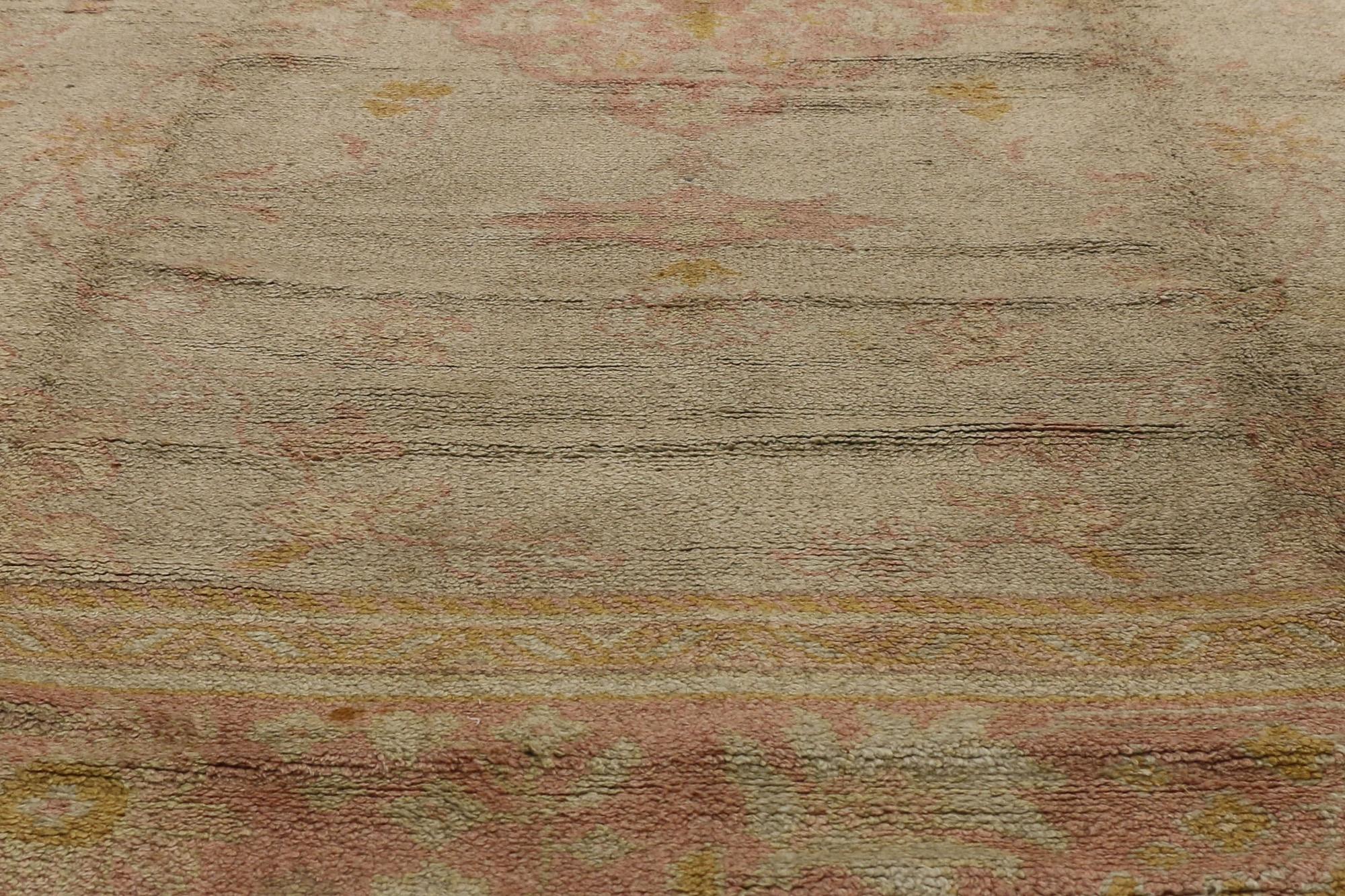 Hand-Knotted Antique Pink and Light Green European Oushak Rug For Sale