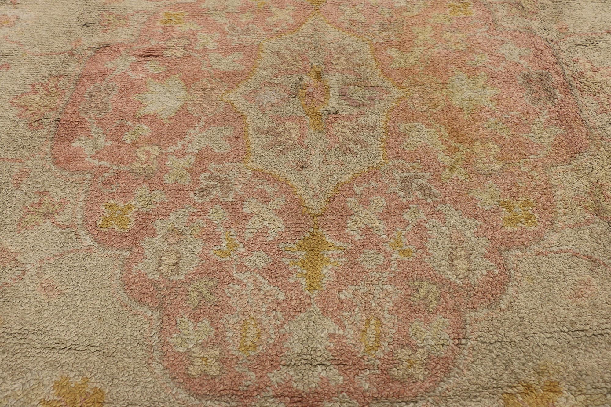 Antique Pink and Light Green European Oushak Rug In Good Condition For Sale In Dallas, TX