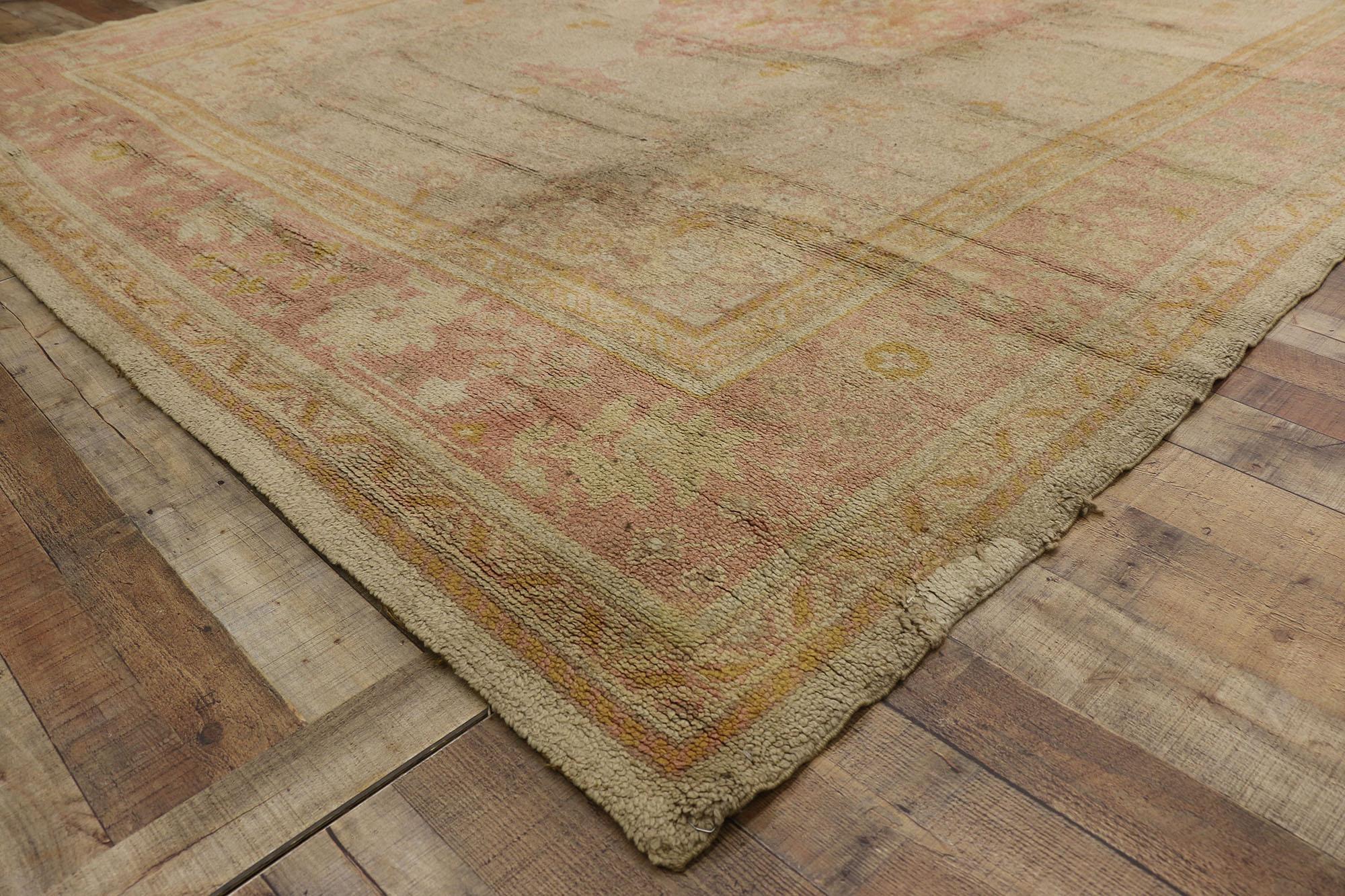 Wool Antique Pink and Light Green European Oushak Rug For Sale