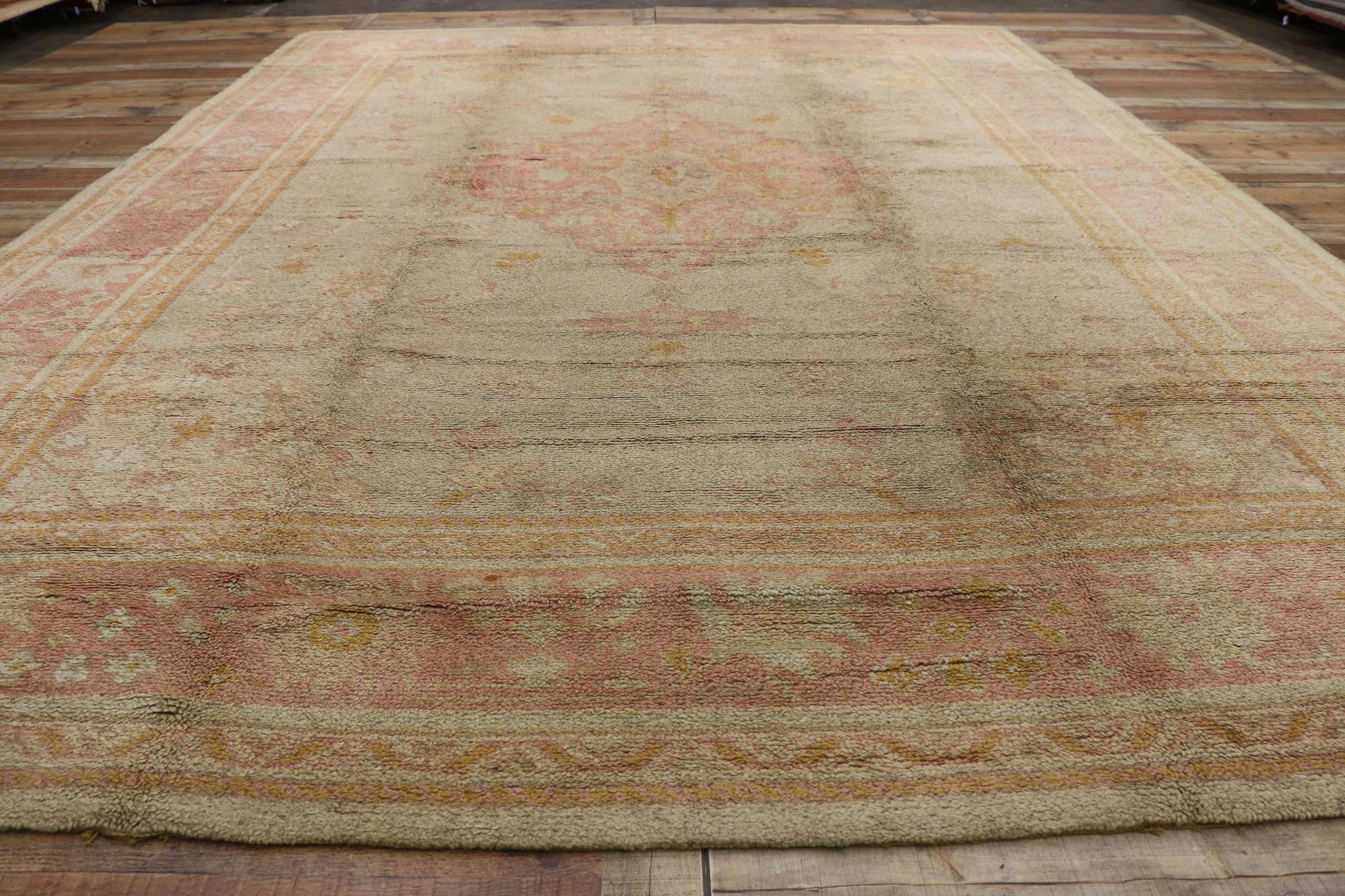 Antique Pink and Light Green European Oushak Rug For Sale 1
