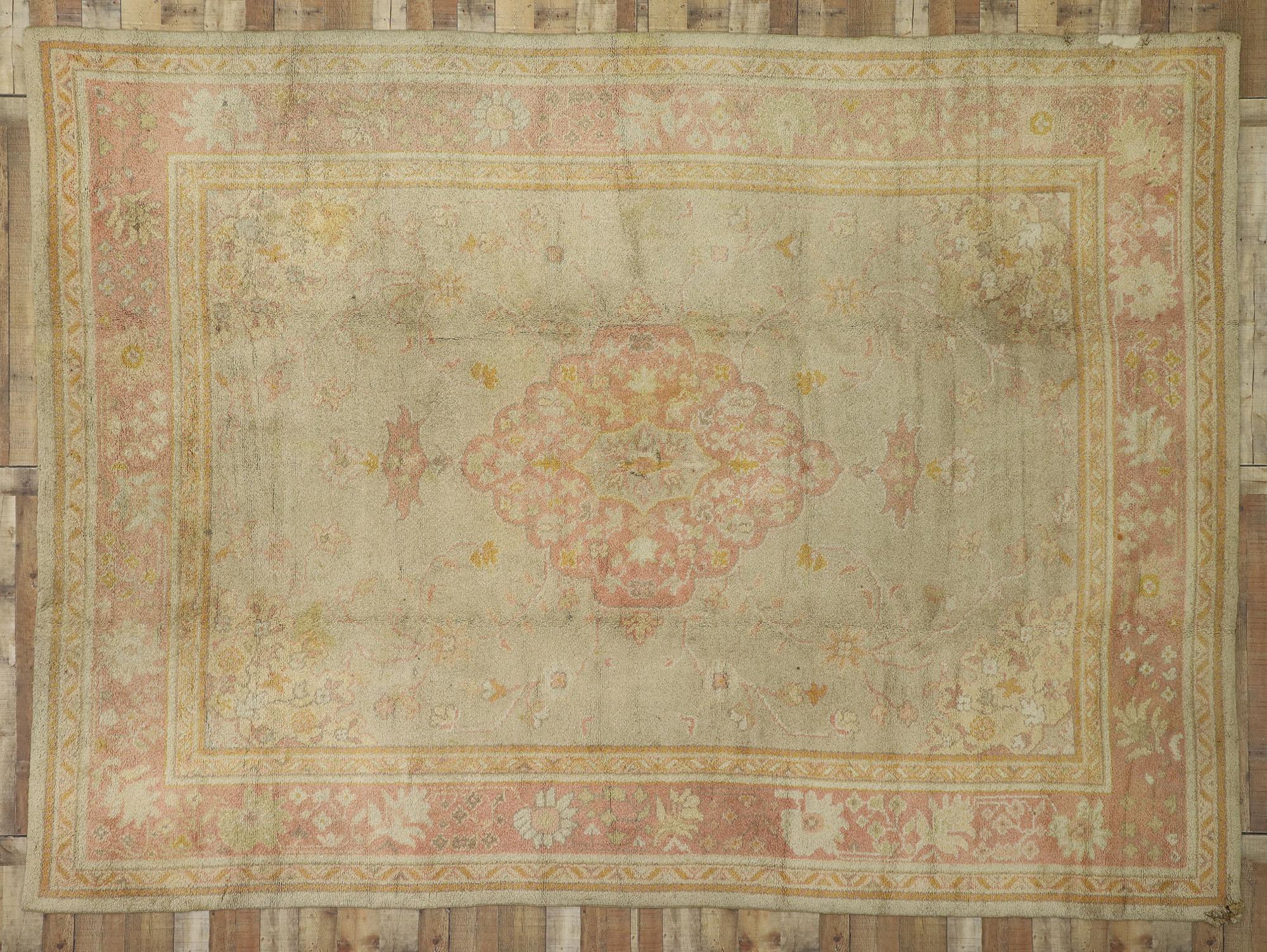 Antique Pink and Light Green European Oushak Rug For Sale 2