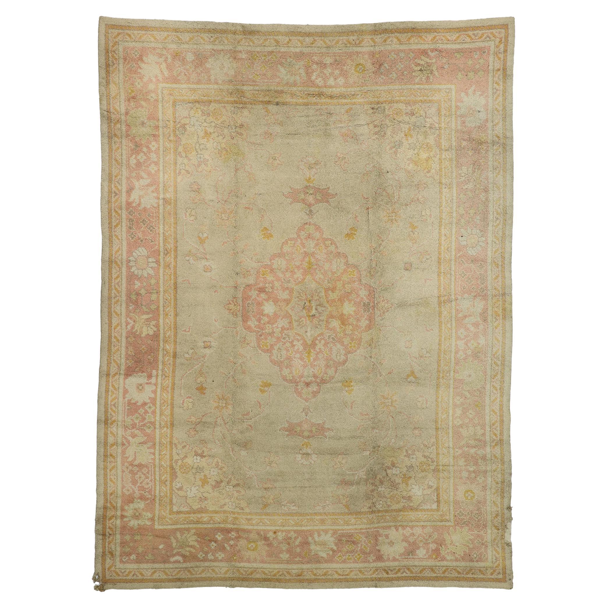Antique Pink and Light Green European Oushak Rug For Sale