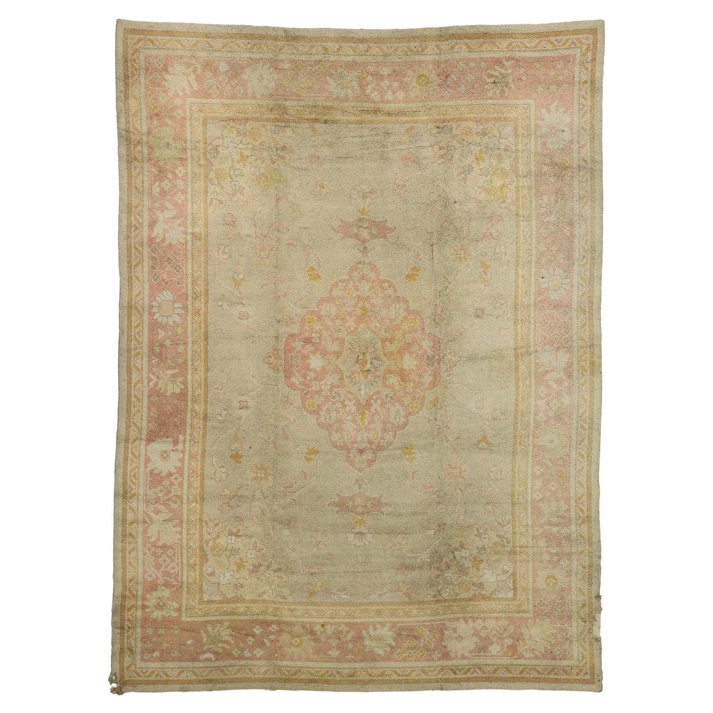Antique Pink and Light Green European Oushak Rug For Sale at 1stDibs