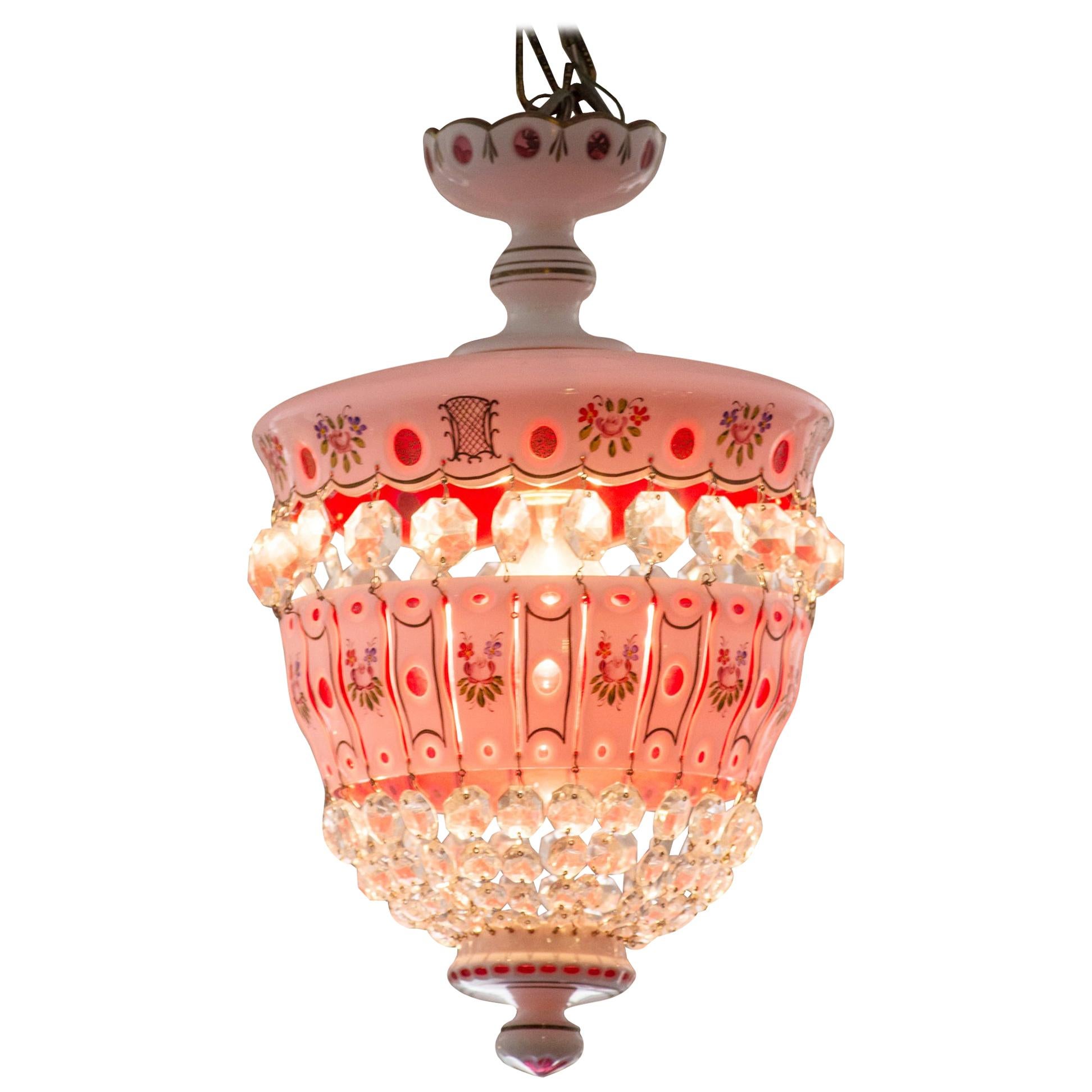 Antique Pink Bohemian Pink and White Hand Painted Glass Chandelier