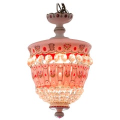 Antique Pink Bohemian Pink and White Hand Painted Glass Chandelier