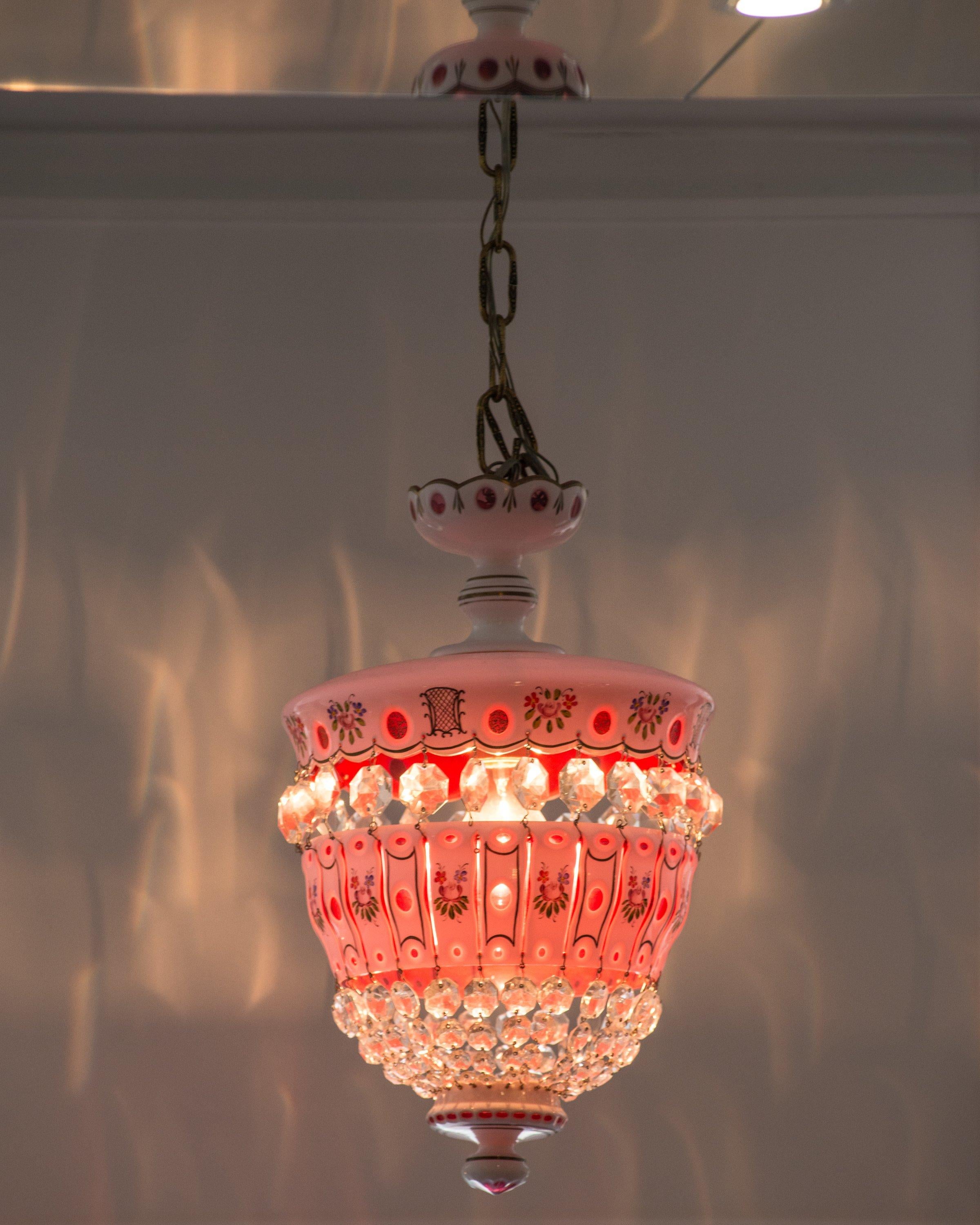 LG Vintage rose pink lady cupcake glass crystal Brass SWAG lamp chandelier