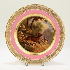 Antique Pink Border Hand Painted Paris Porcelain Deer & Dog Hunting Scene Plate