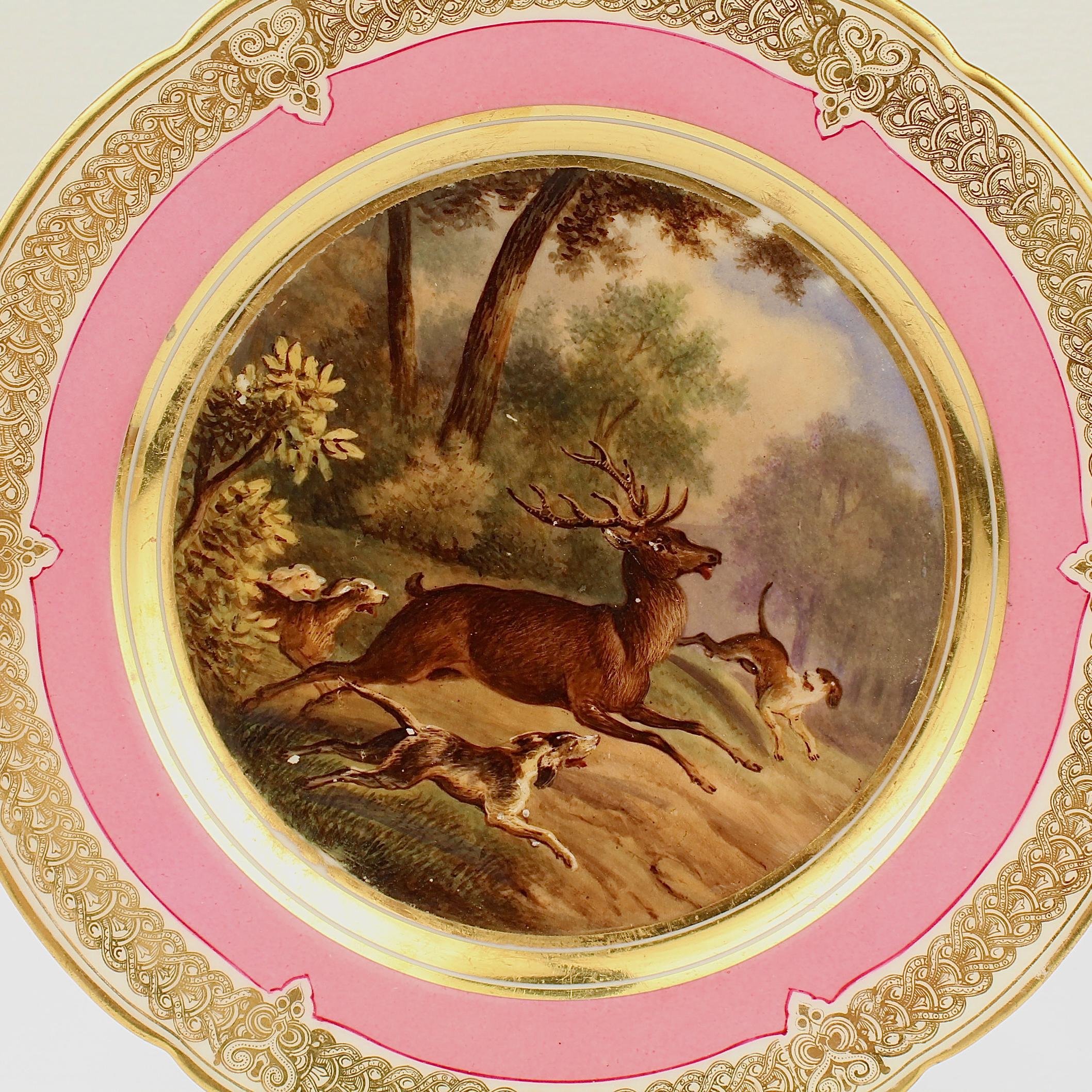 Beaux Arts Antique Pink Border Hand Painted Paris Porcelain Deer & Dog Hunting Scene Plate  For Sale