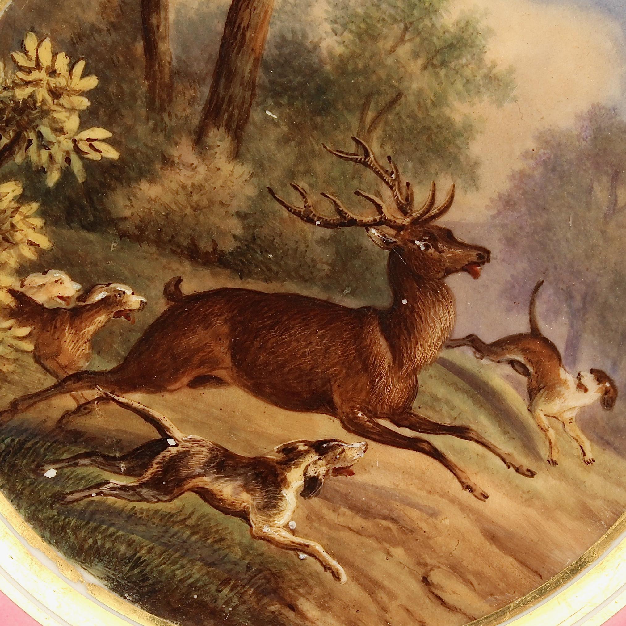 French Antique Pink Border Hand Painted Paris Porcelain Deer & Dog Hunting Scene Plate  For Sale
