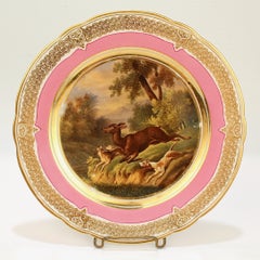 Antique Pink Border Hand Painted Paris Porcelain Deer Hunt and Dog Scene Plate