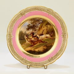 Antiker, handbemalter Pariser Porzellanteller mit rosa Bordüre und Kaninchen- Jagd- und Hundeszene aus Porzellan