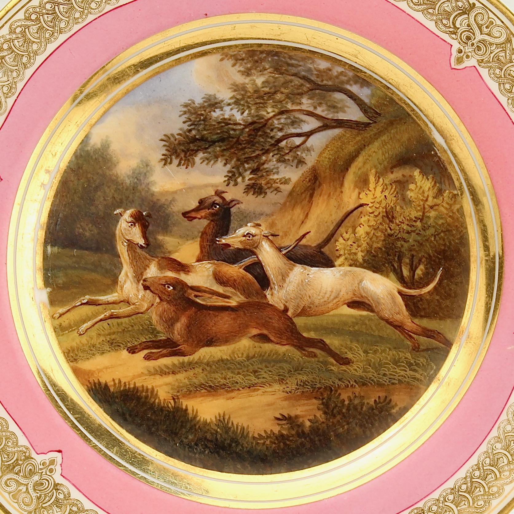 Beaux Arts Antique Pink Border Hand Painted Paris Porcelain Rabbit Hunt and Dog Scene Plate For Sale