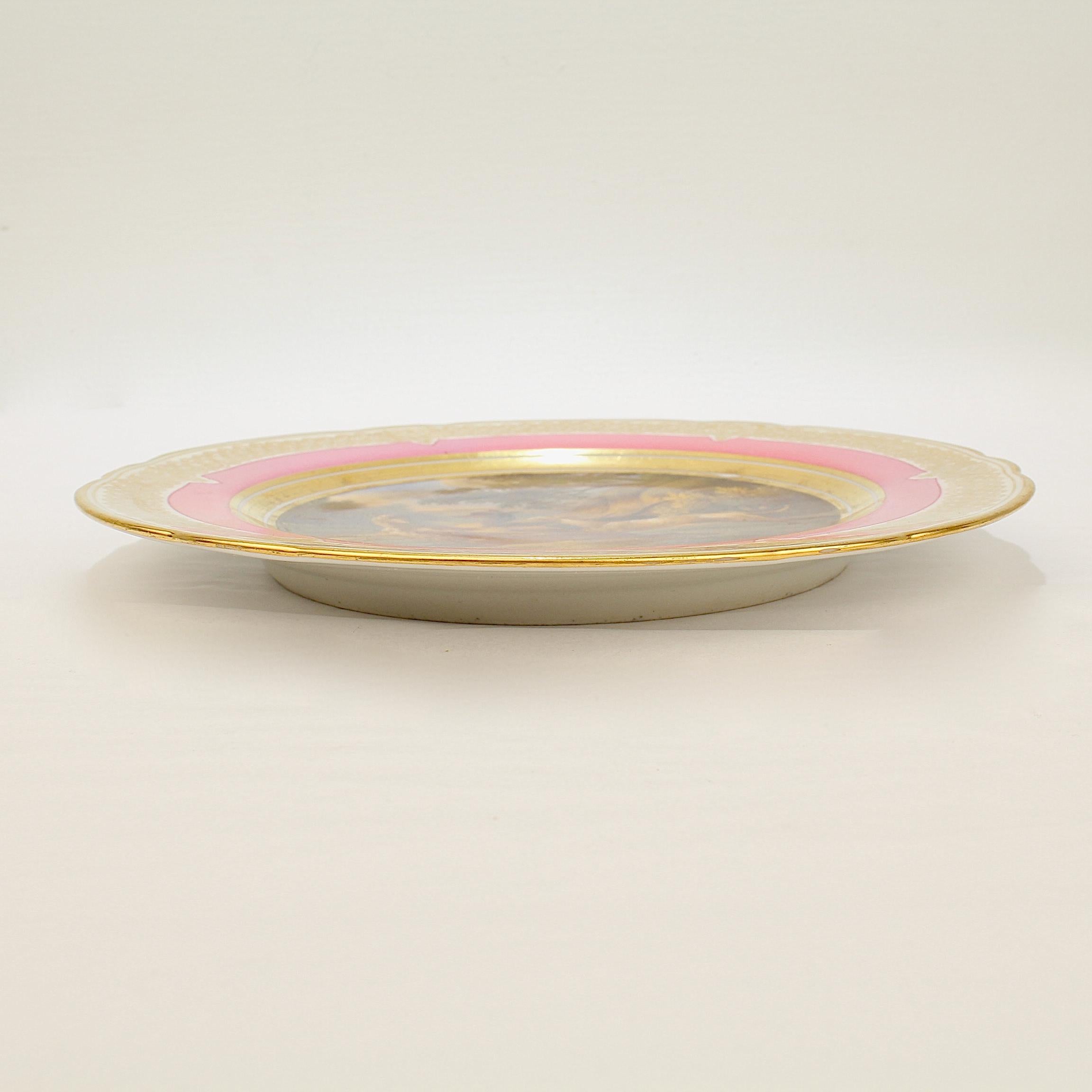 Antiguo Plato de Porcelana de París Pintado a Mano con Borde Rosa Escena de Caza de Conejos y Perros en Bueno estado para la venta en Philadelphia, PA