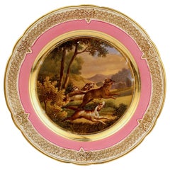 Antique Pink Border Paris Hand Painted Porcelain Fox Hunt and Dog Scene Plate