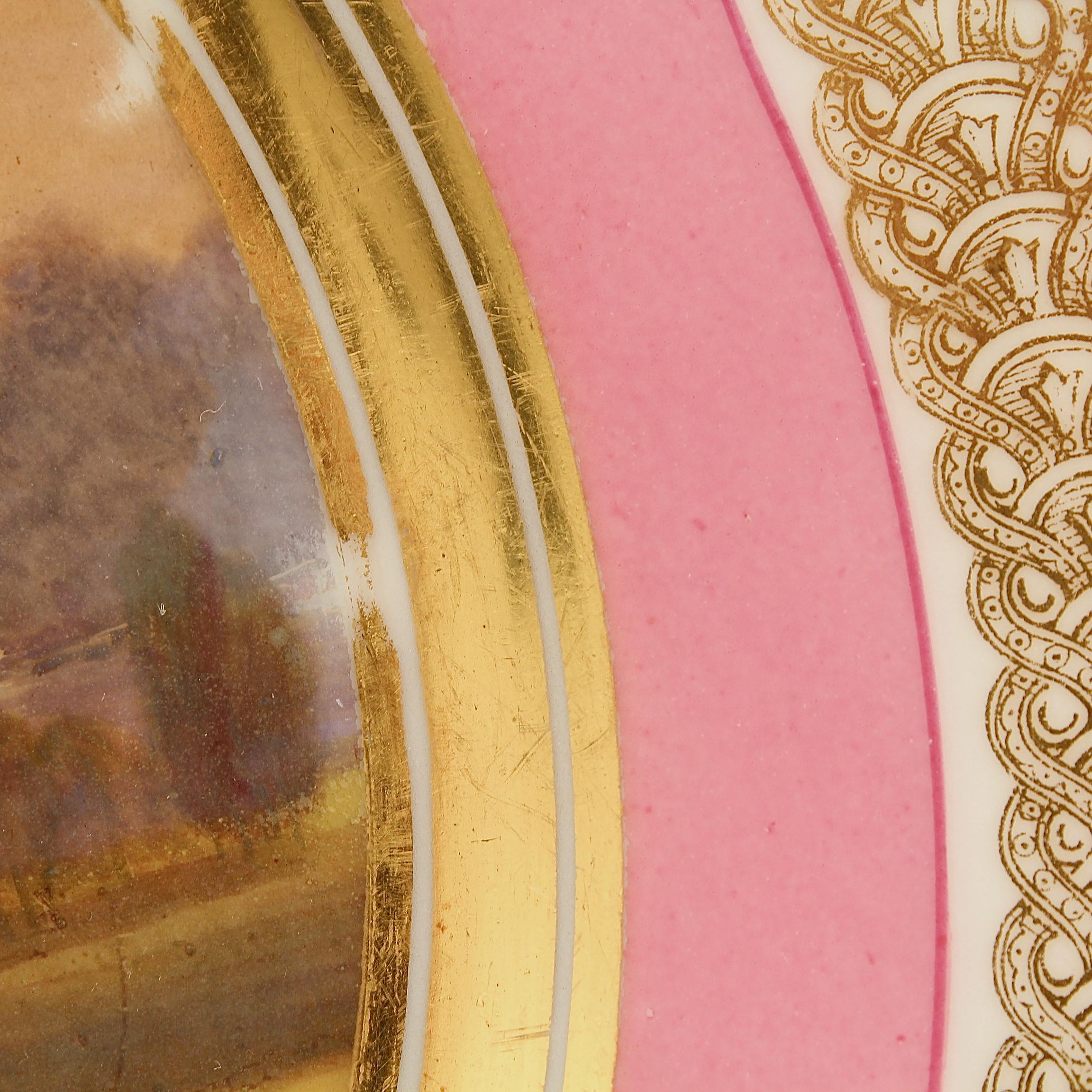 Antique Pink Border Paris Hand Painted Porcelain Fox Hunt and Dog Scene Plate For Sale 1