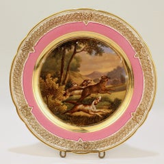 Antique Pink Border Paris Hand Painted Porcelain Fox Hunt and Dog Scene Plate