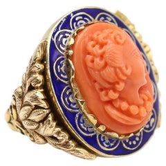 Antique Pink Cameo and Blue Enamel Gold Ring, Great Britain, 1900