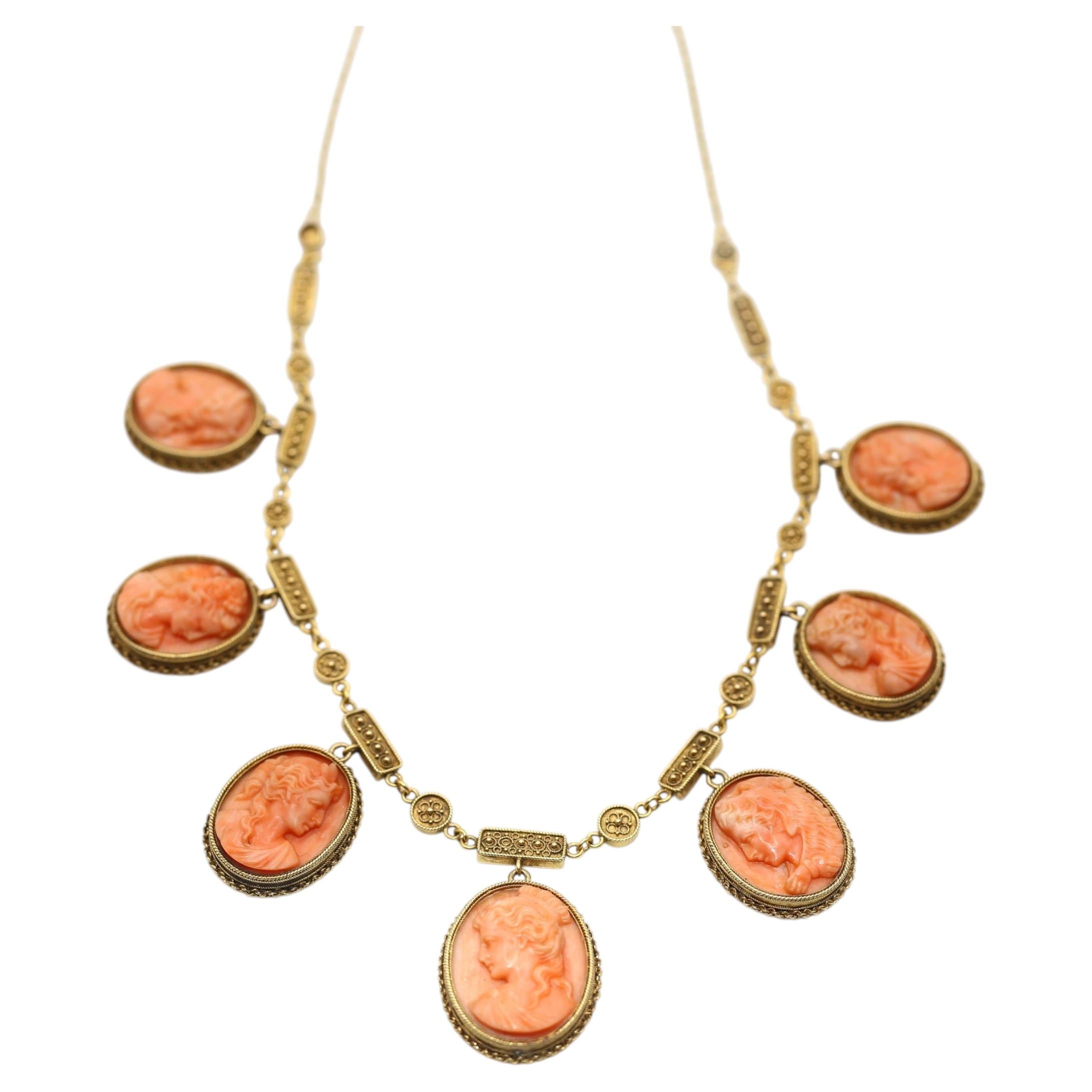 Collier ancien en camée rose, chaîne à maillons en or, époque victorienne, 1895