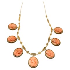 Antique Pink Cameo Necklace Ornate Gold Link Chain, Victorian Era, 1895